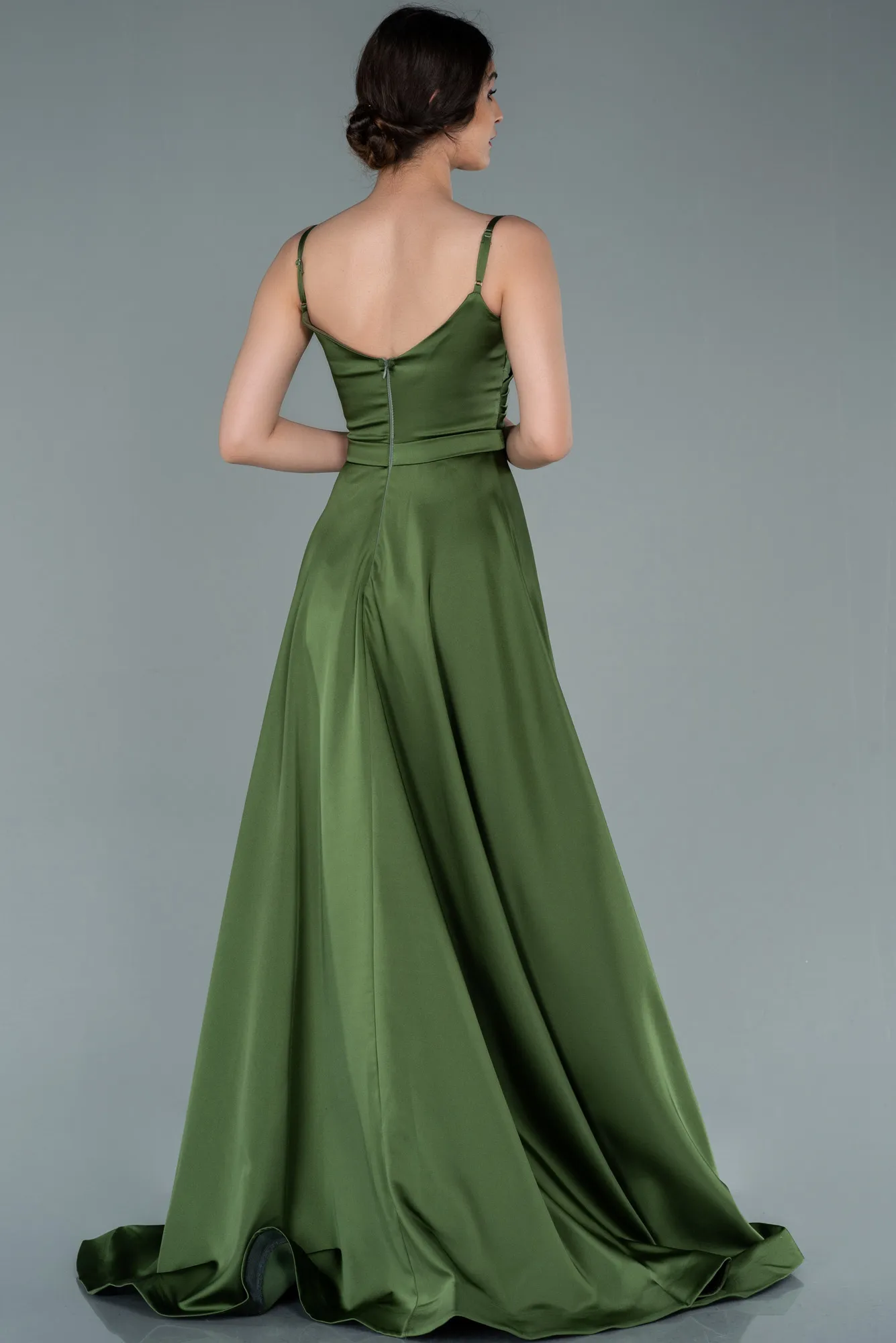 Olive Drab-Long Satin Evening Dress ABU1601