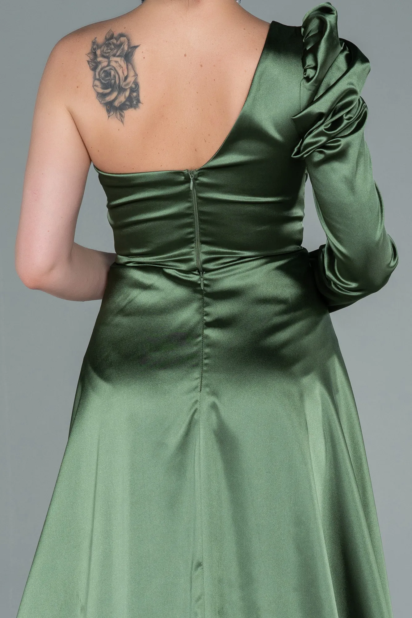 Olive Drab-Long Satin Evening Dress ABU1715