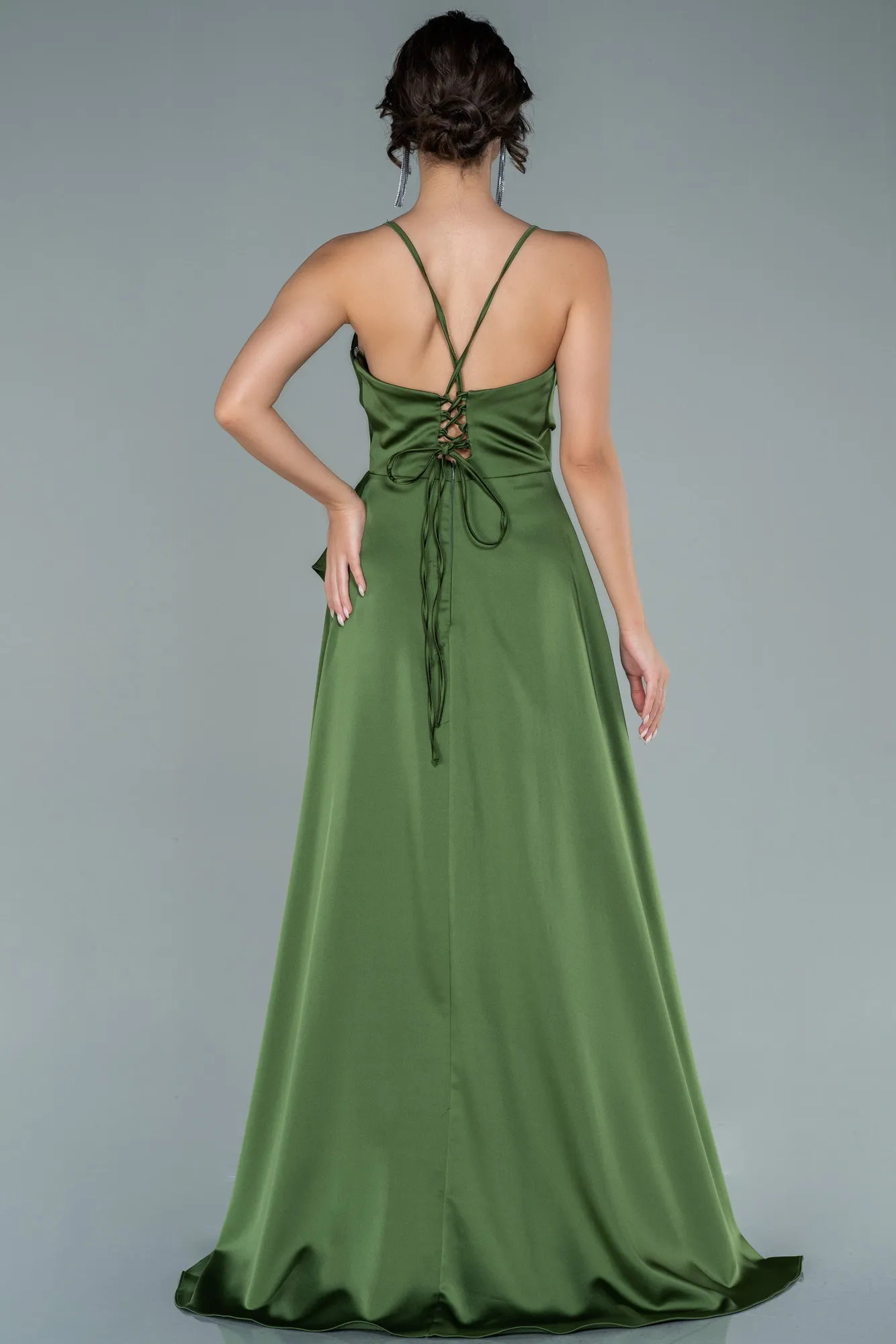 Olive Drab-Long Satin Evening Dress ABU1843