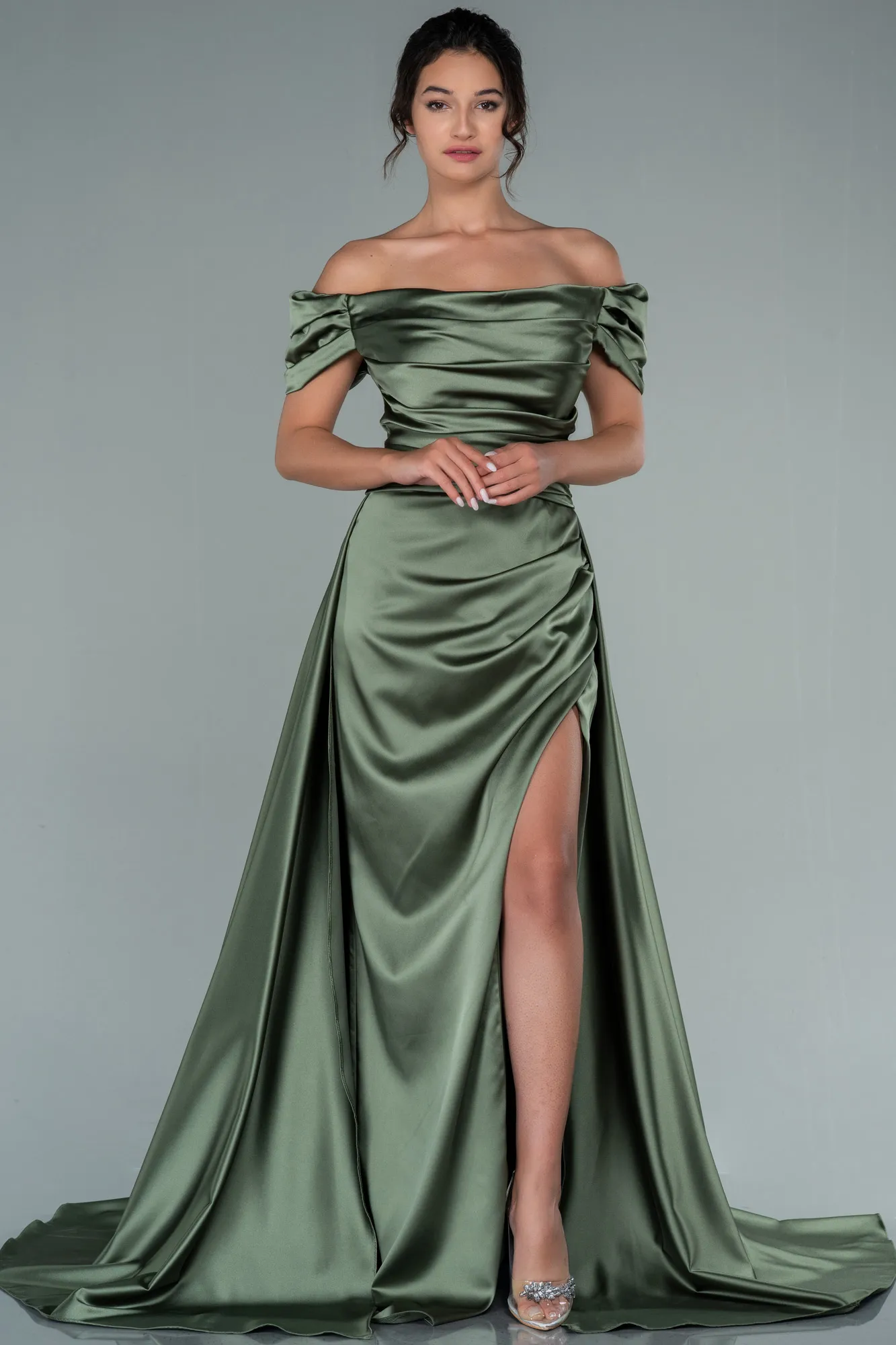 Olive Drab-Long Satin Evening Dress ABU2003