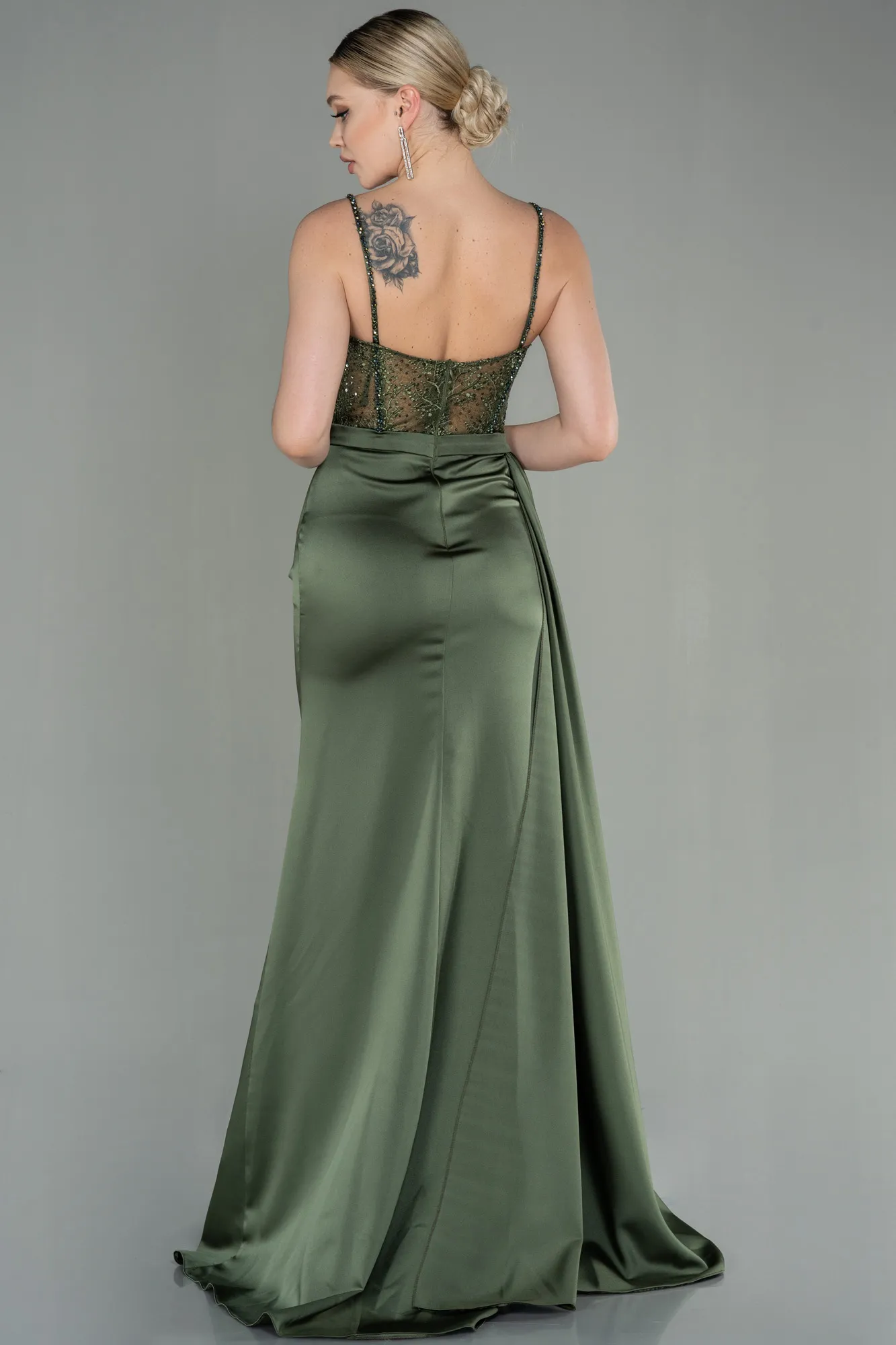 Olive Drab-Long Satin Evening Dress ABU2130