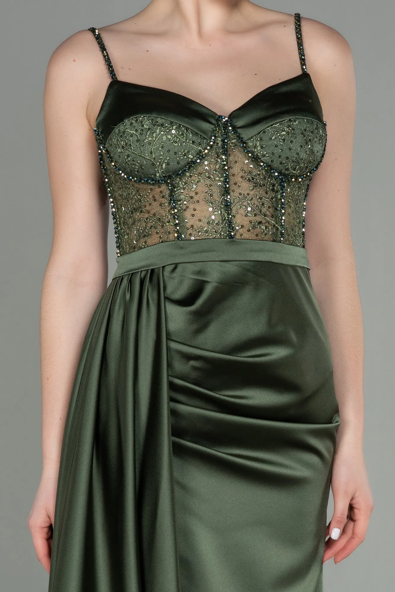 Olive Drab-Long Satin Evening Dress ABU2130