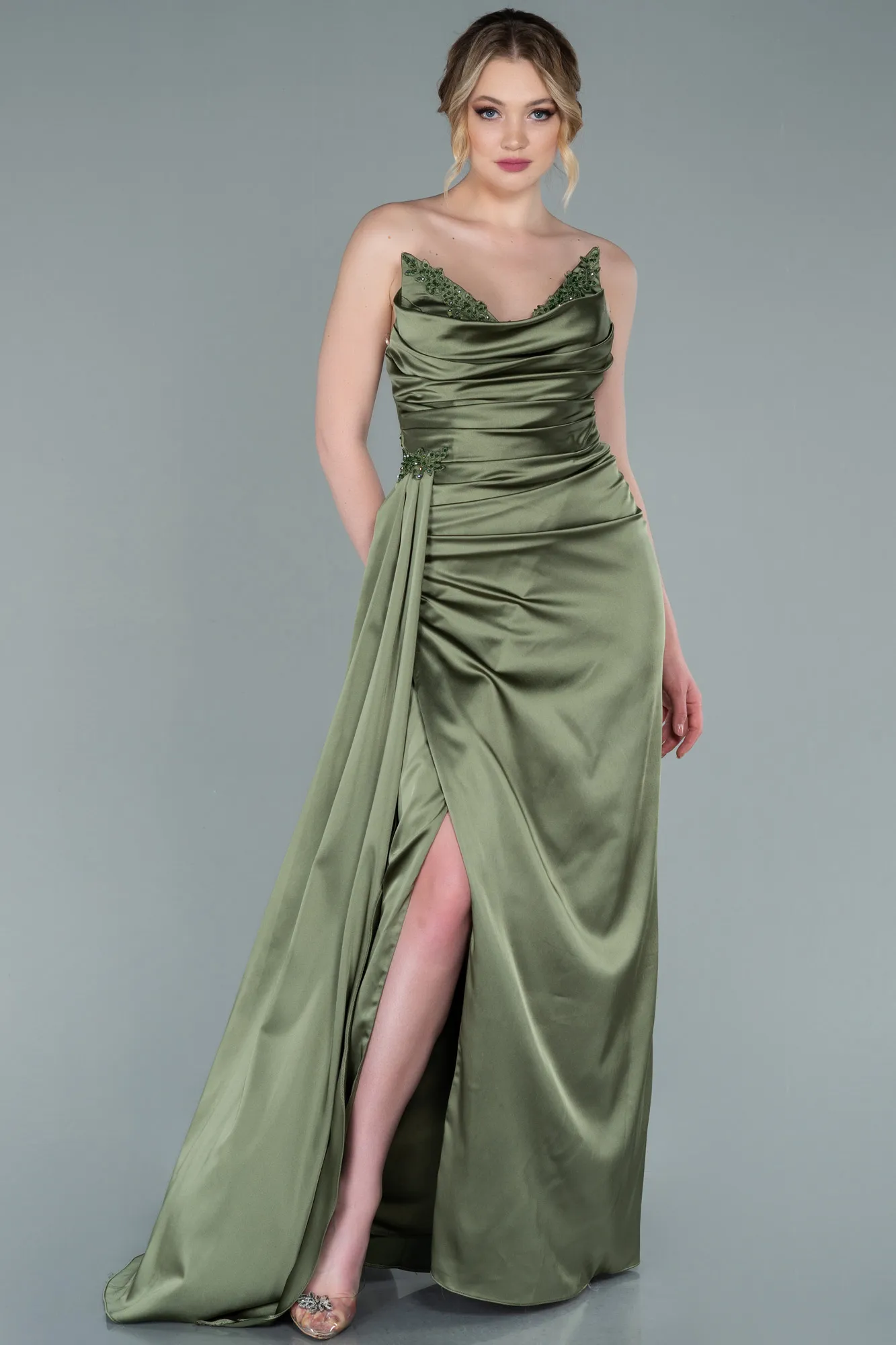 Olive Drab-Long Satin Evening Dress ABU2323