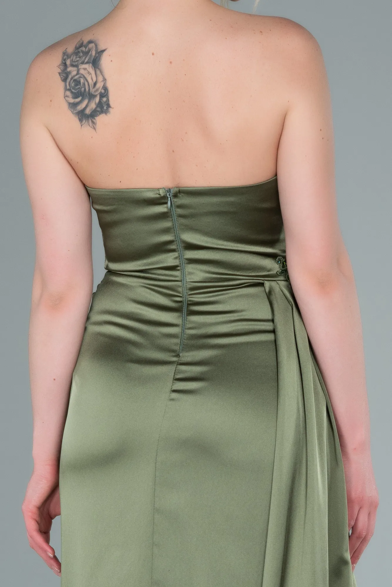 Olive Drab-Long Satin Evening Dress ABU2323