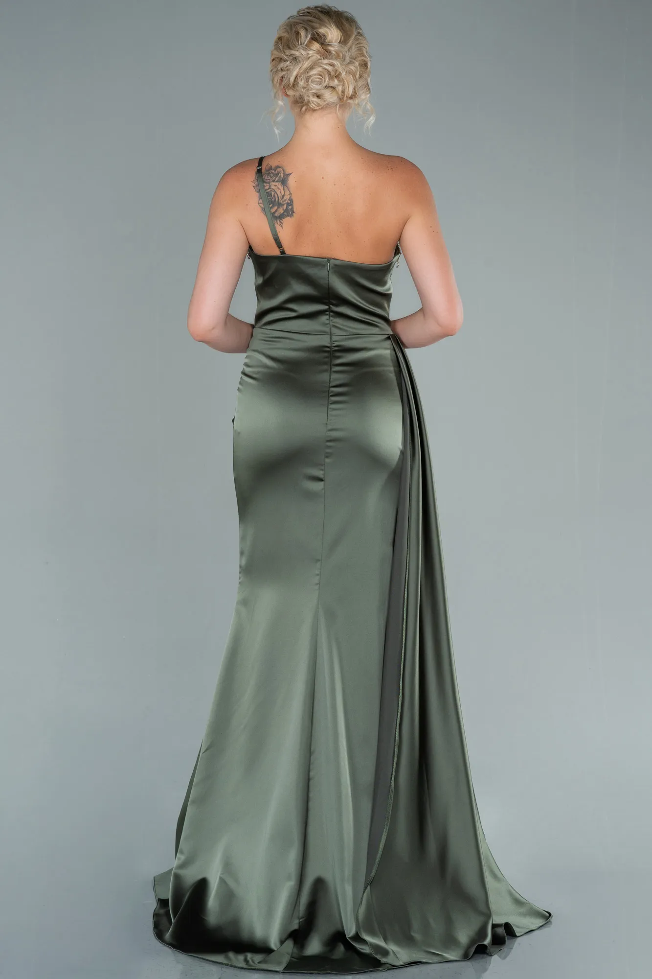 Olive Drab-Long Satin Evening Dress ABU2386