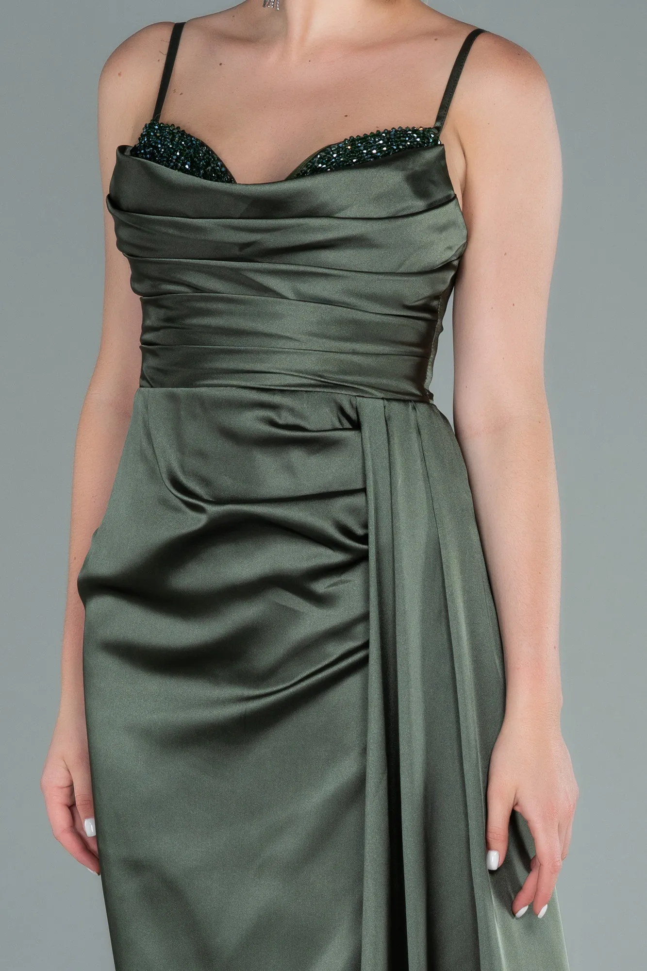 Olive Drab-Long Satin Evening Dress ABU2477