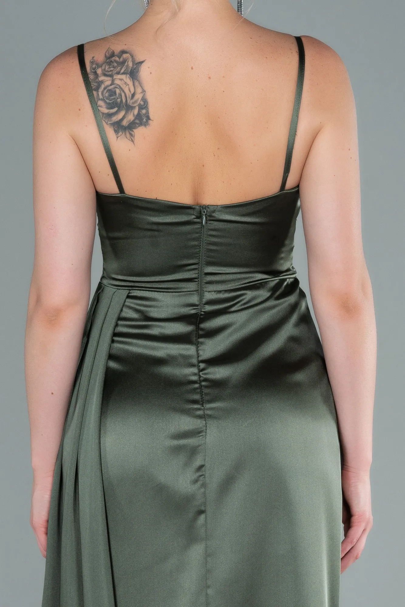 Olive Drab-Long Satin Evening Dress ABU2477