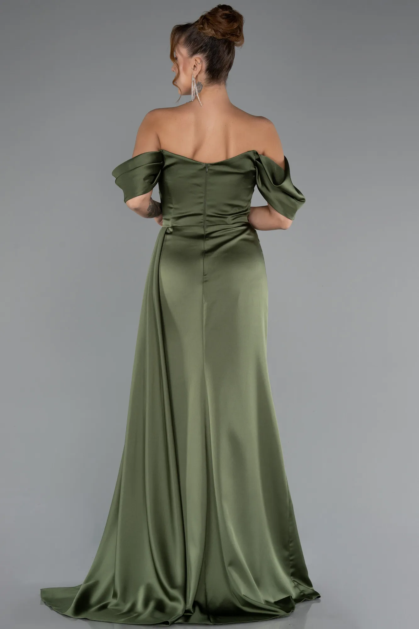 Olive Drab-Long Satin Evening Dress ABU2661
