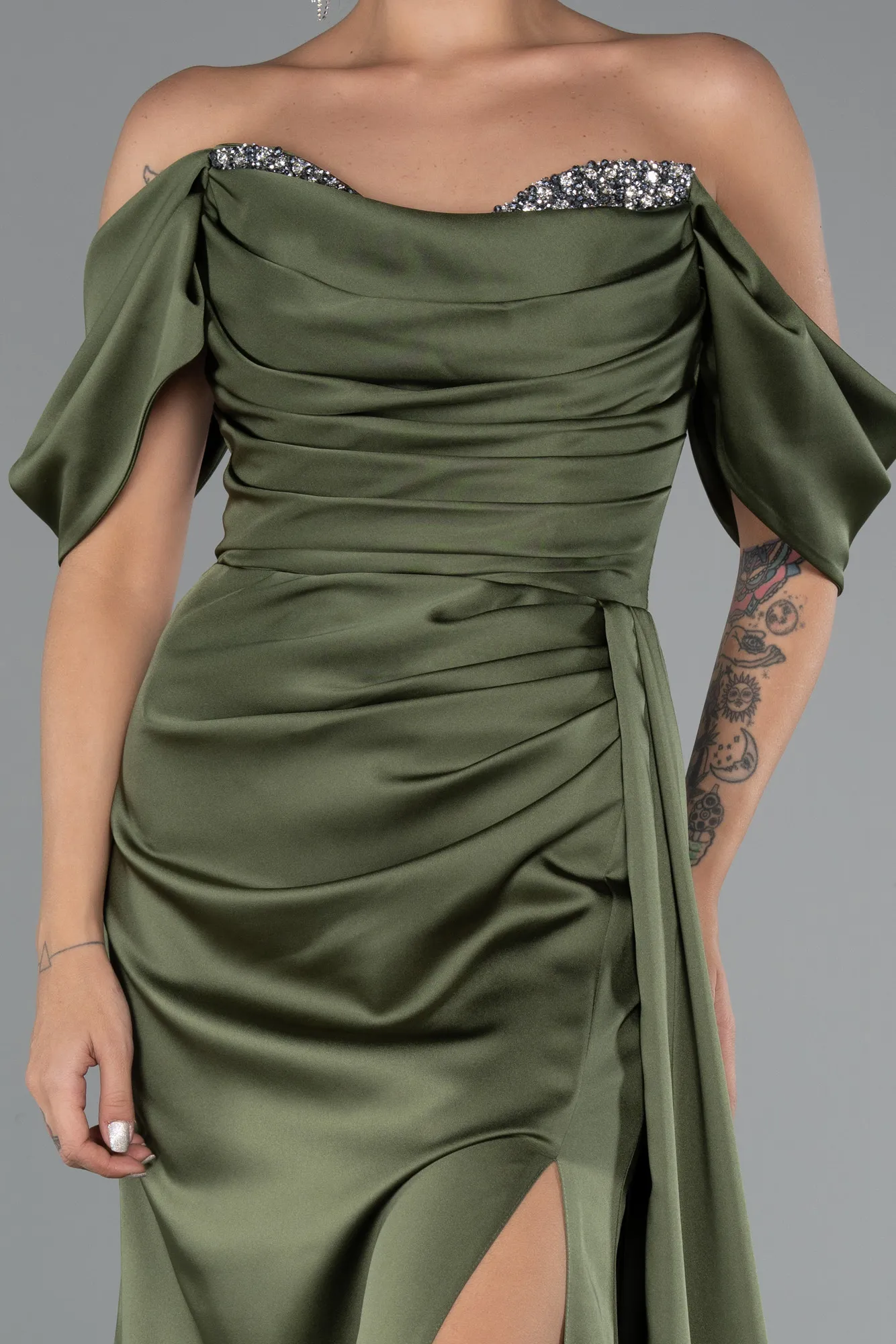 Olive Drab-Long Satin Evening Dress ABU2661