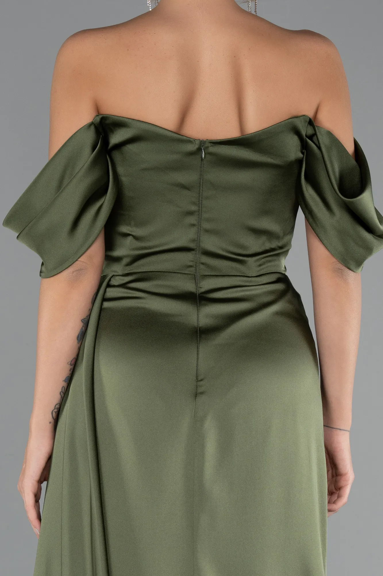 Olive Drab-Long Satin Evening Dress ABU2661