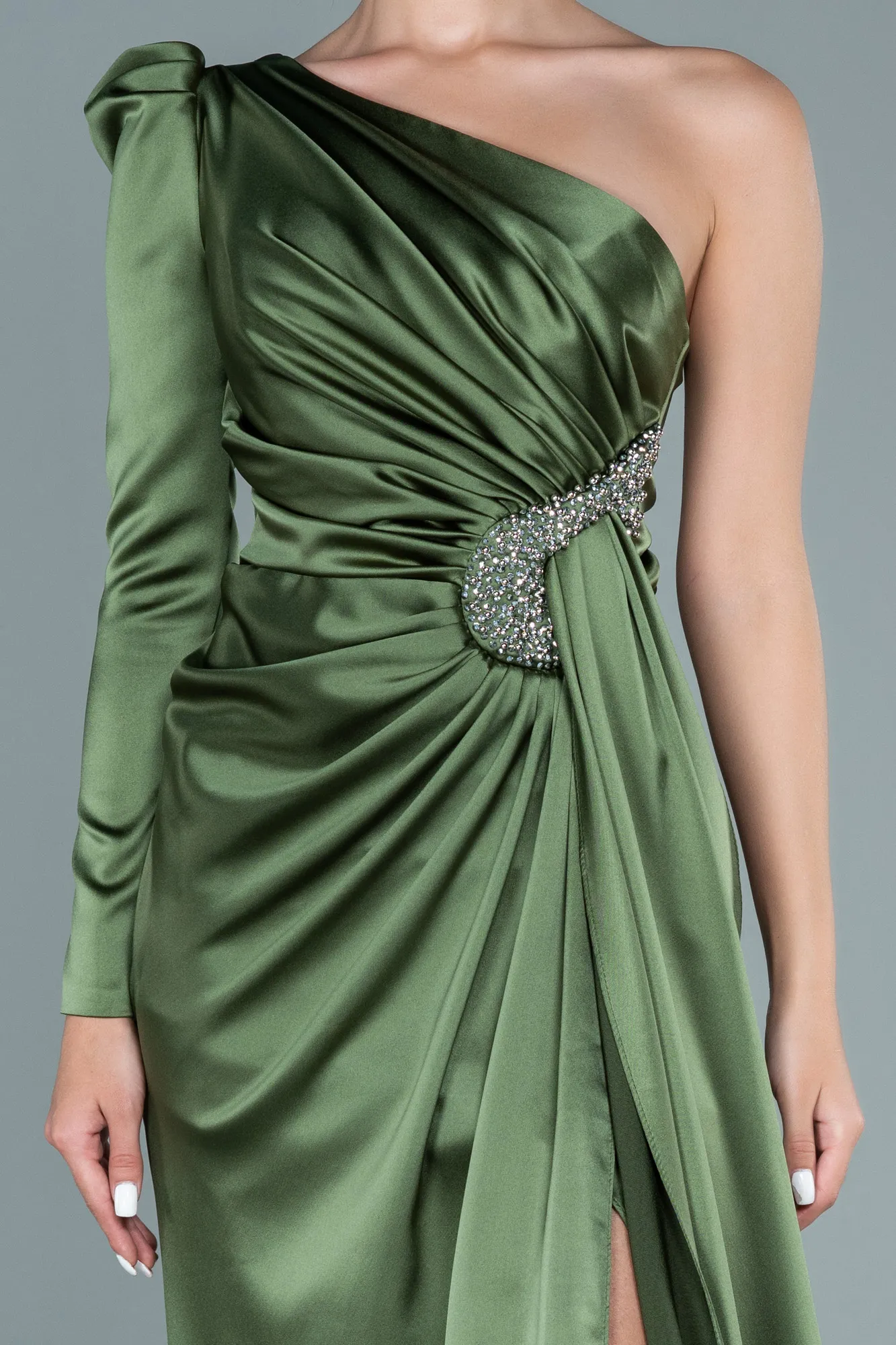 Olive Drab-Long Satin Evening Dress ABU2676