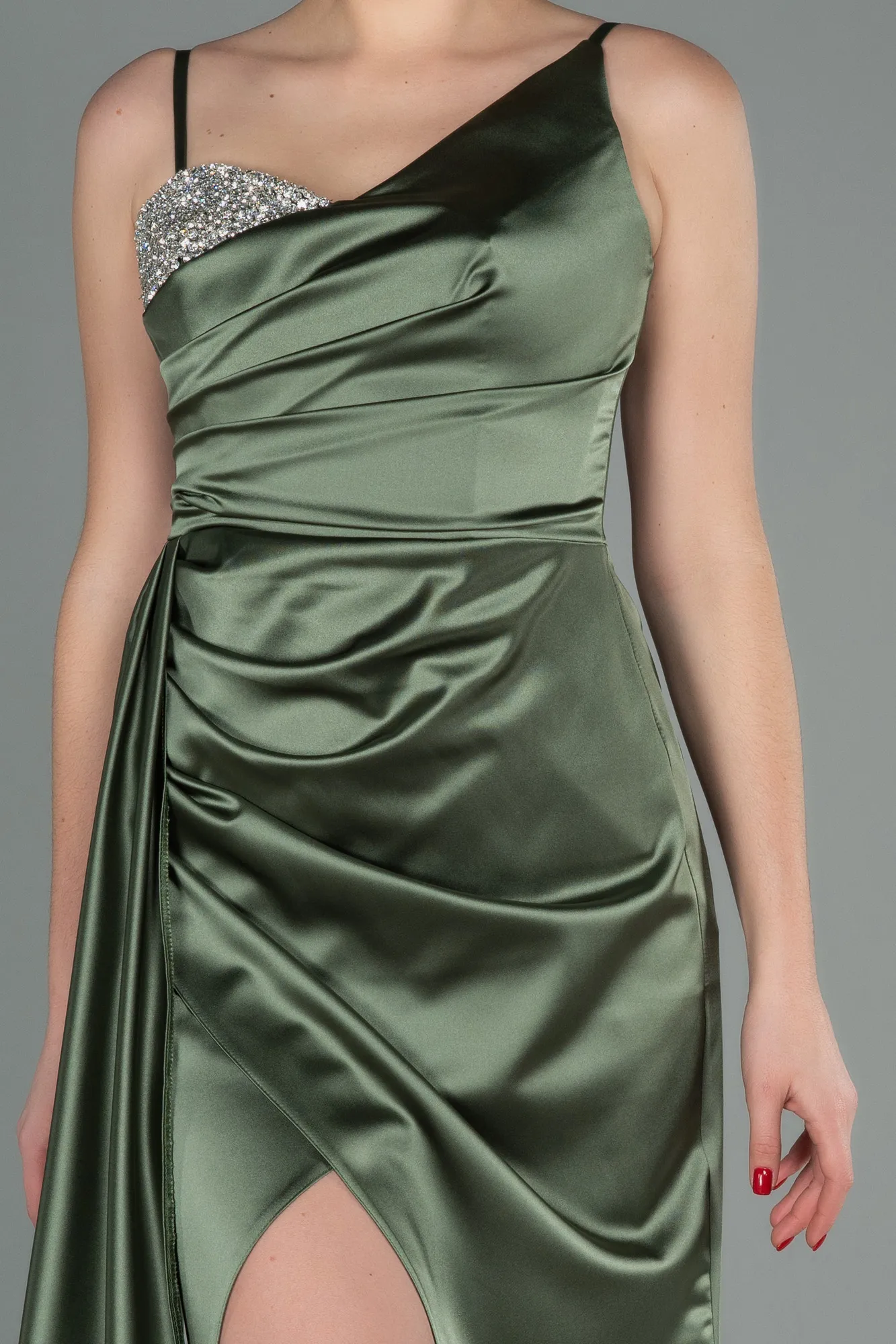 Olive Drab-Long Satin Evening Dress ABU2768