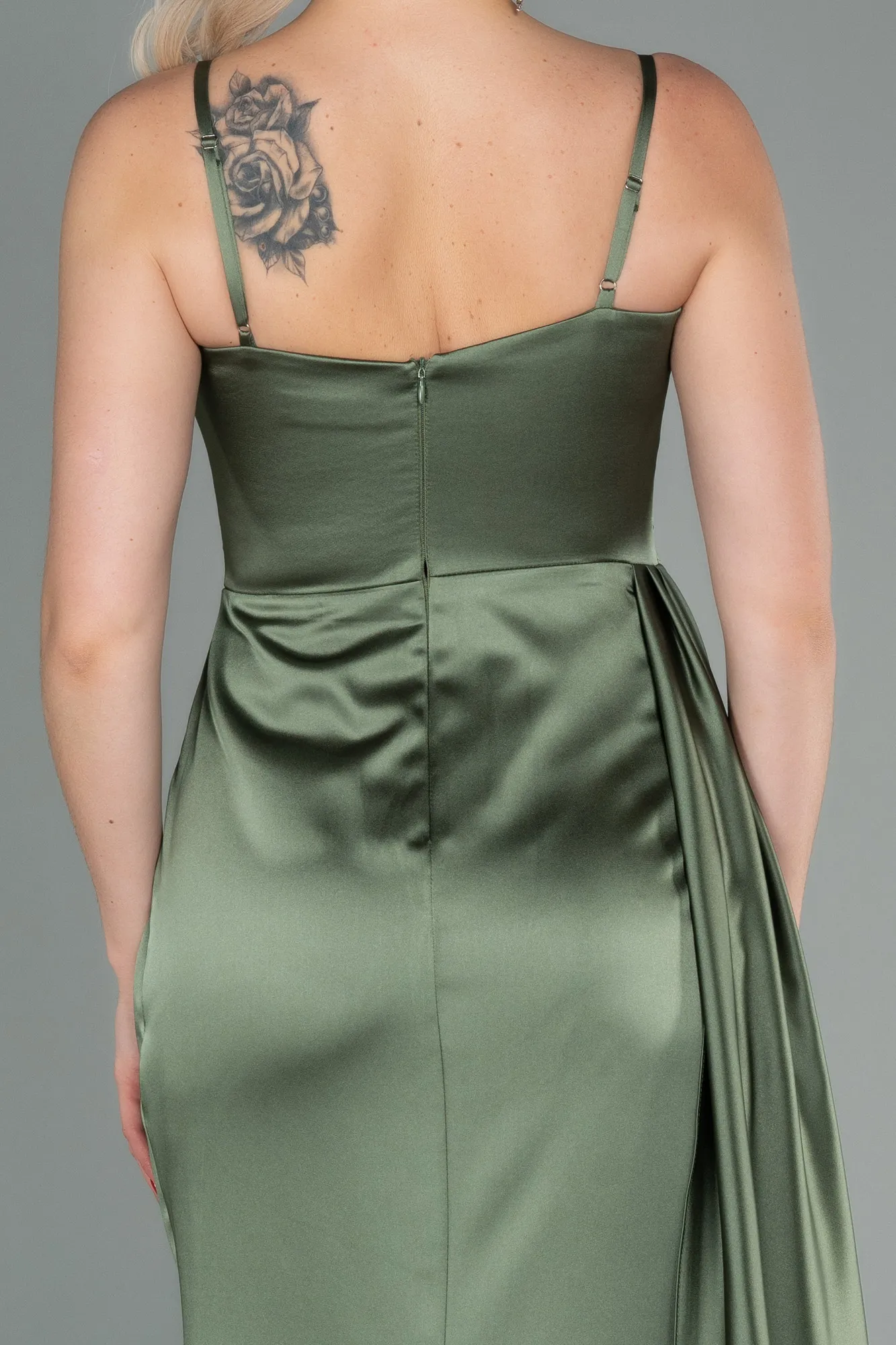 Olive Drab-Long Satin Evening Dress ABU2768
