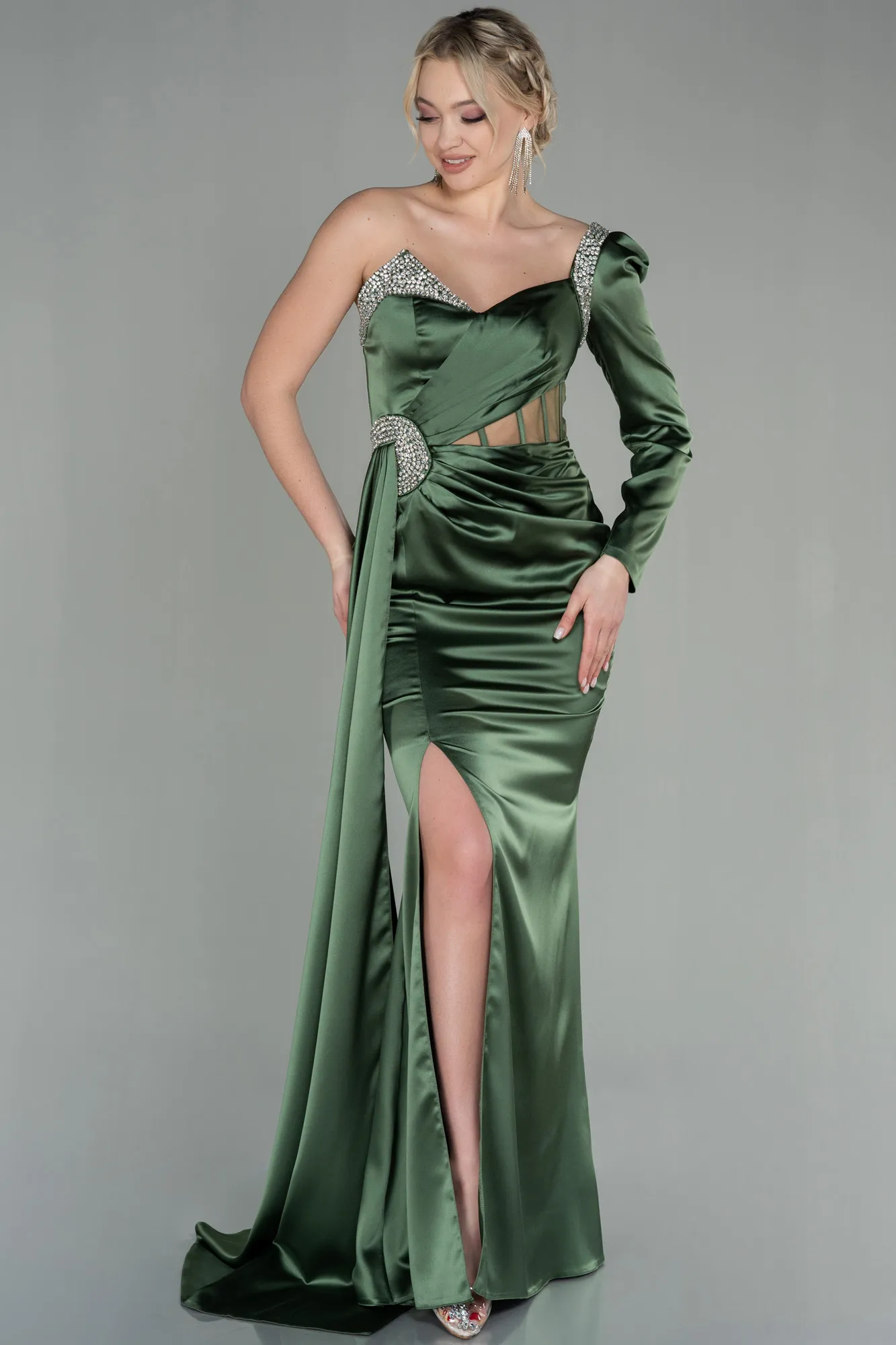 Olive Drab-Long Satin Evening Dress ABU2831
