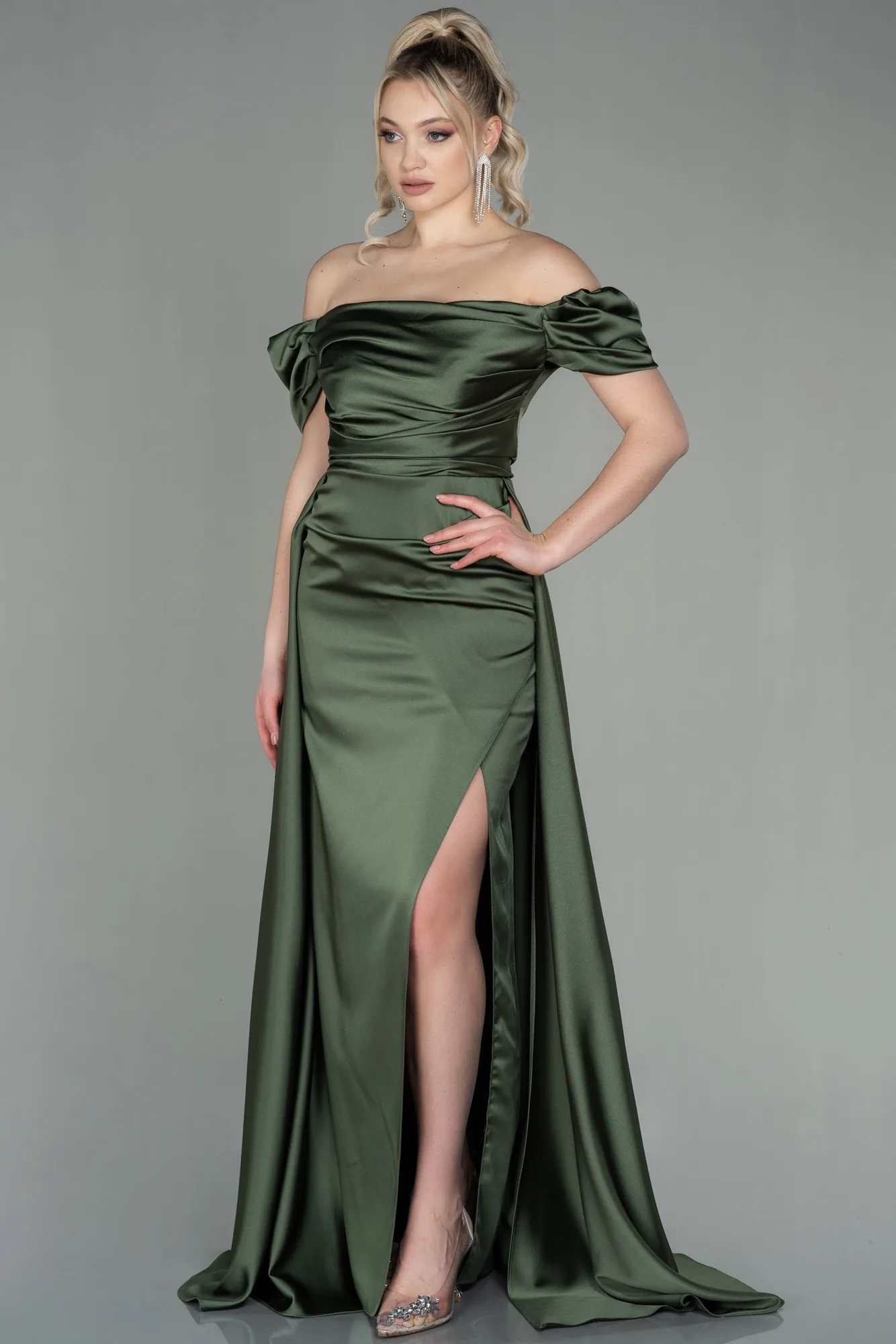 Olive Drab-Long Satin Evening Dress ABU2903
