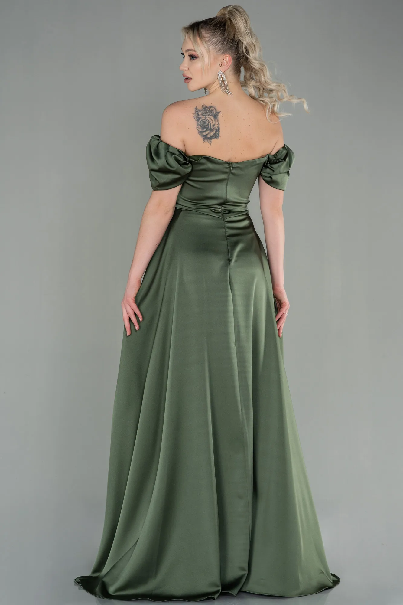 Olive Drab-Long Satin Evening Dress ABU2903