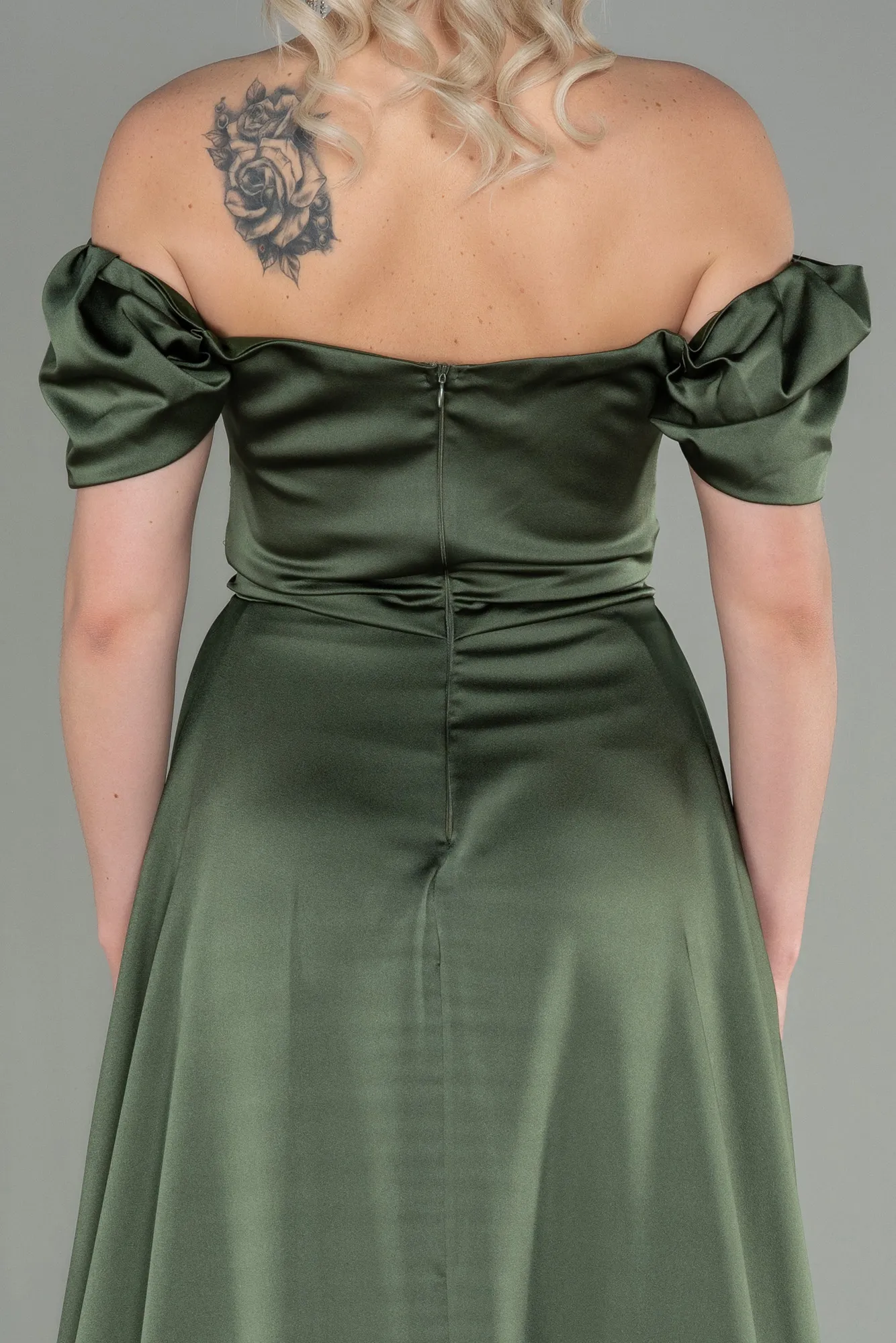 Olive Drab-Long Satin Evening Dress ABU2903