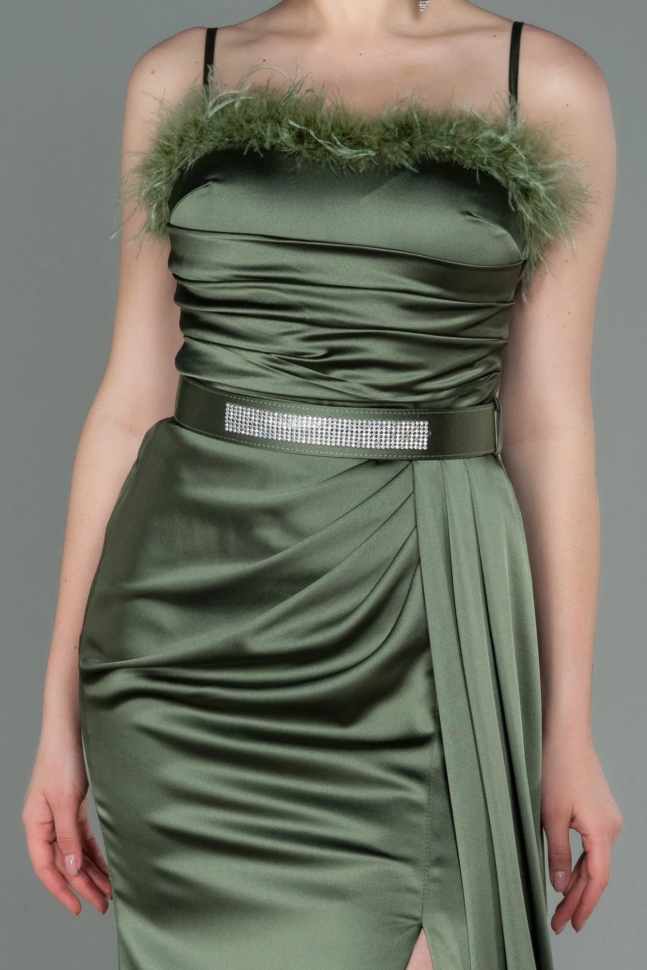 Olive Drab-Long Satin Evening Dress ABU2939