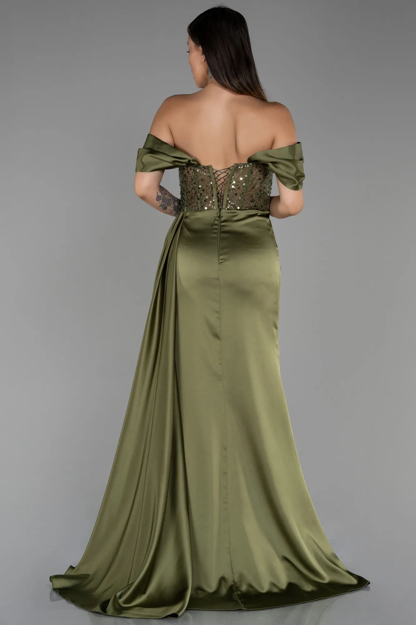 Olive Drab-Long Satin Evening Dress ABU3100