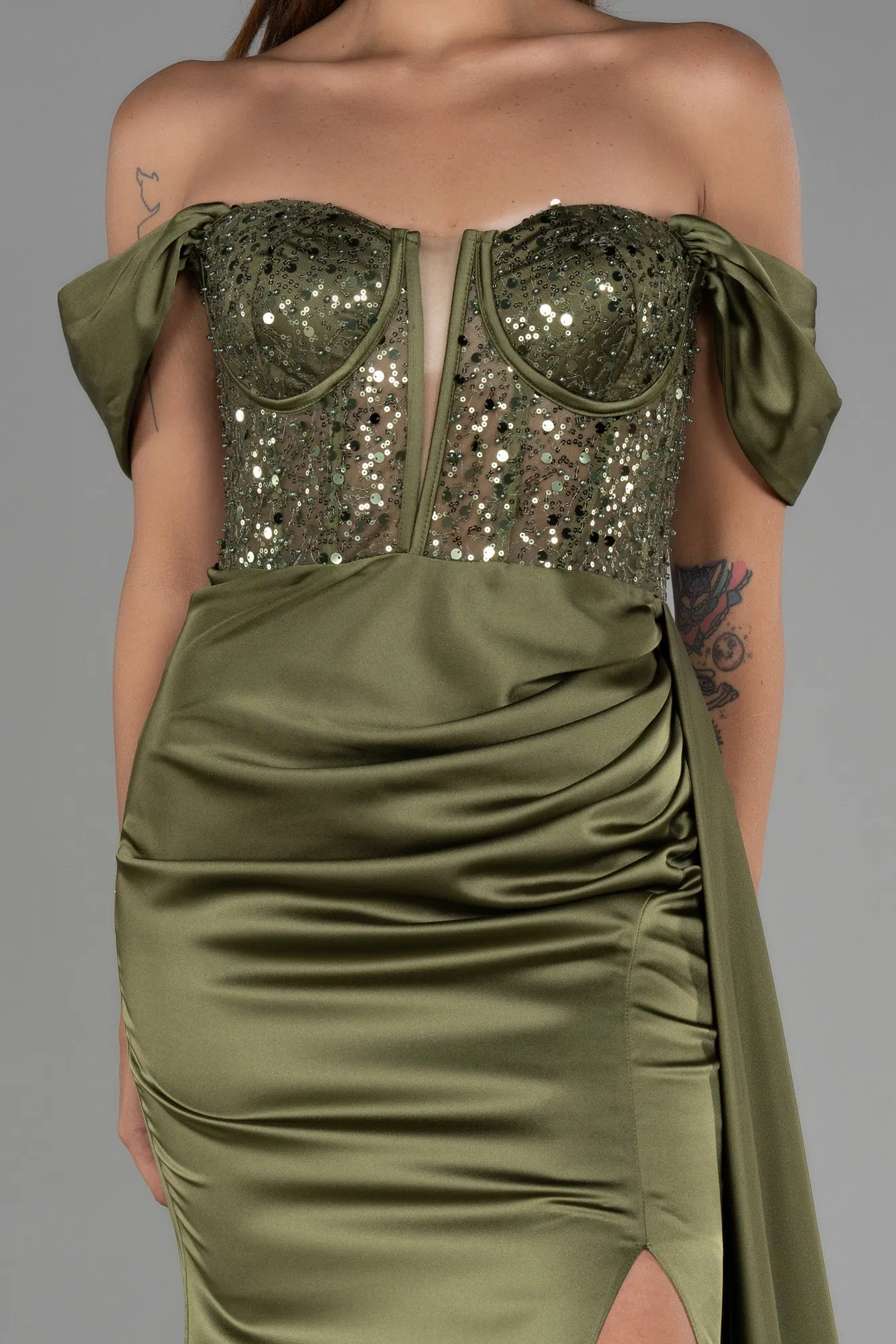 Olive Drab-Long Satin Evening Dress ABU3100