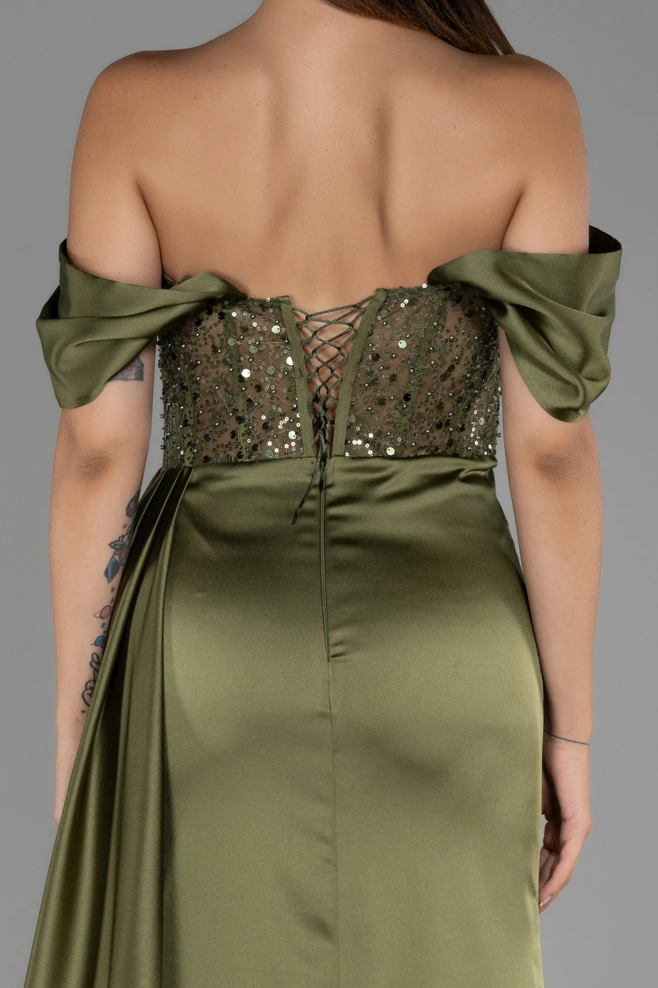 Olive Drab-Long Satin Evening Dress ABU3100