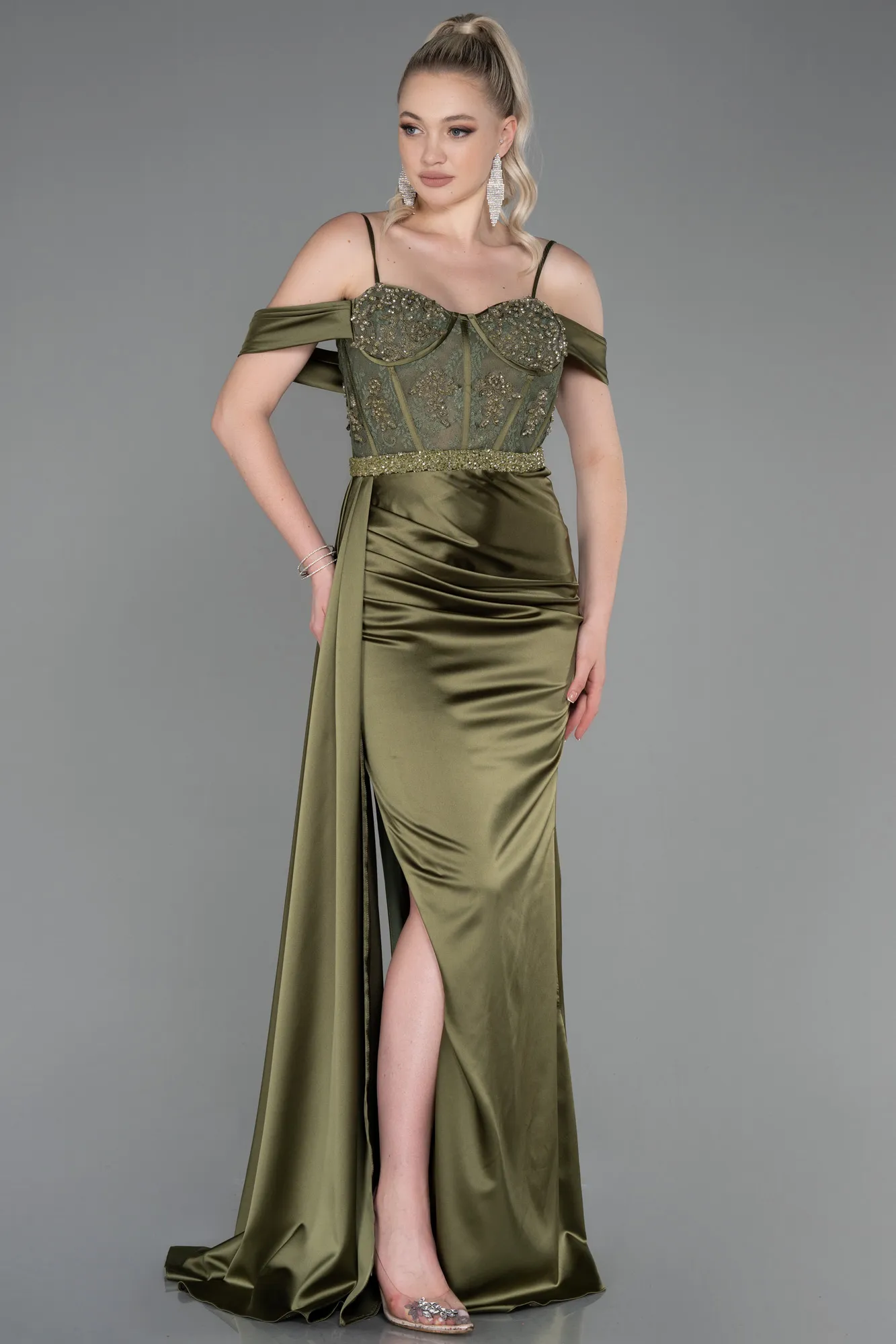 Olive Drab-Long Satin Evening Dress ABU3227