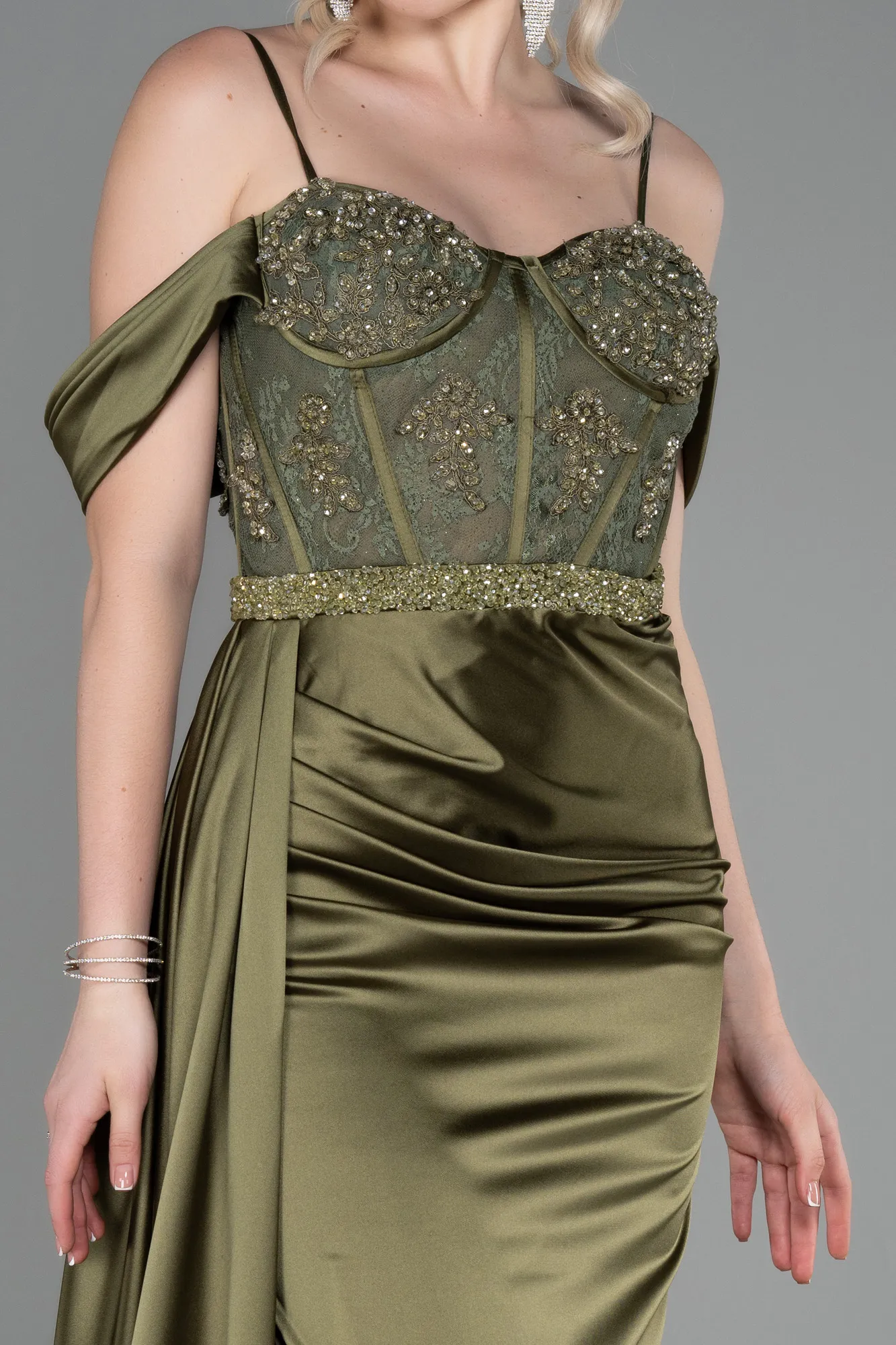 Olive Drab-Long Satin Evening Dress ABU3227