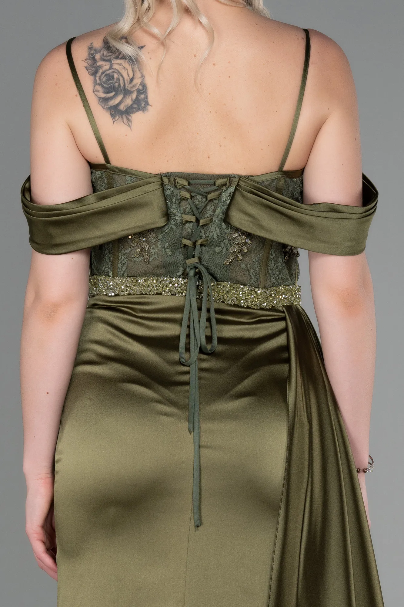Olive Drab-Long Satin Evening Dress ABU3227