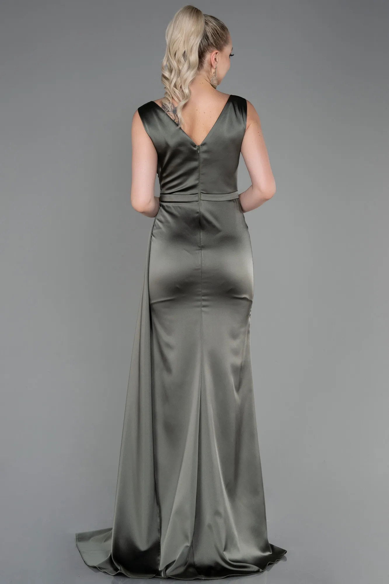 Olive Drab-Long Satin Evening Dress ABU3235