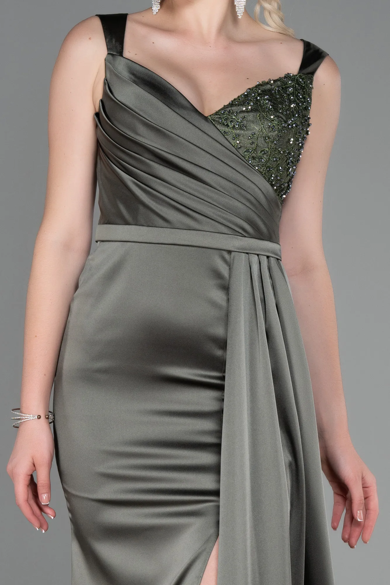 Olive Drab-Long Satin Evening Dress ABU3235