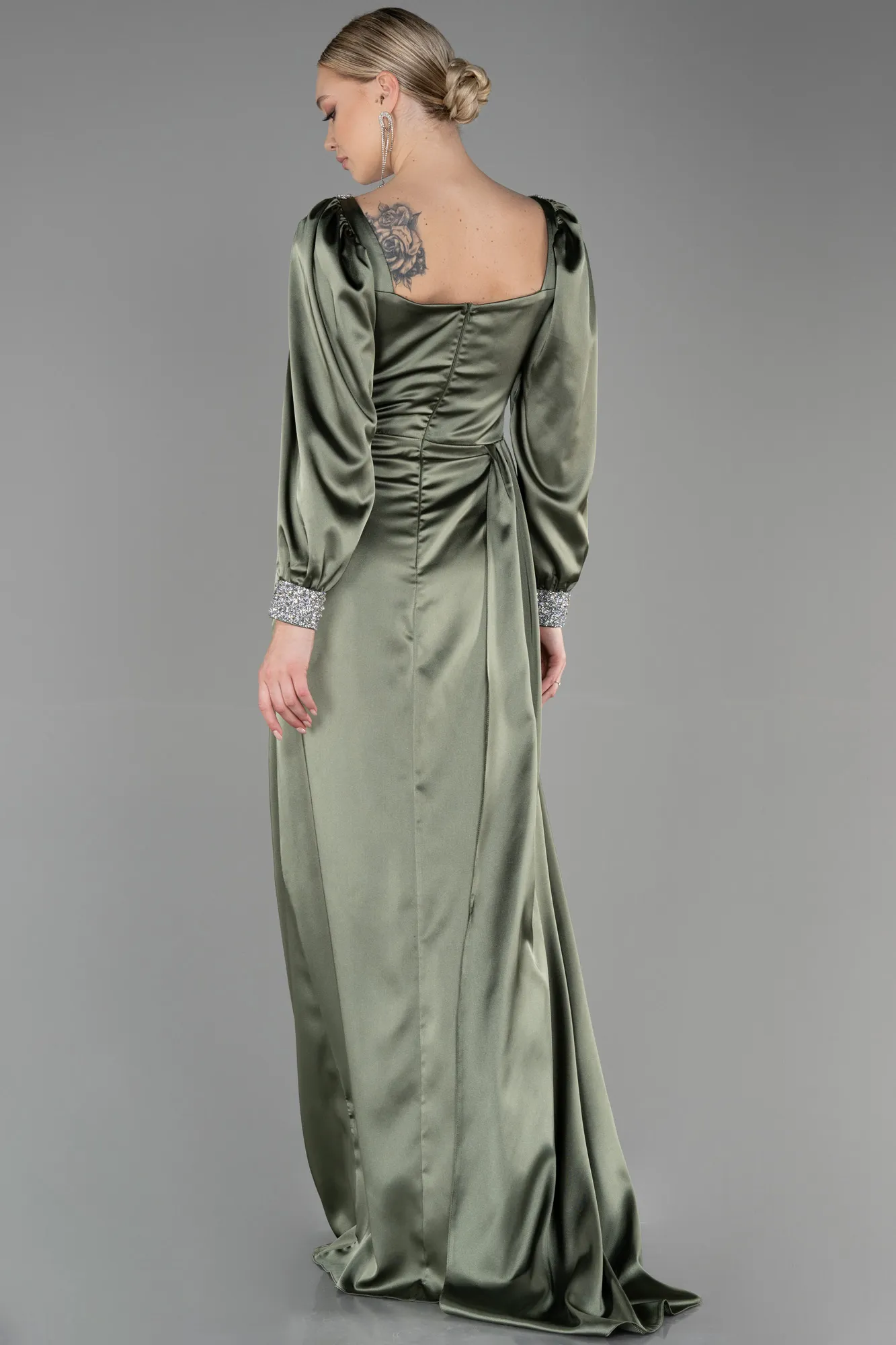Olive Drab-Long Satin Evening Dress ABU3318