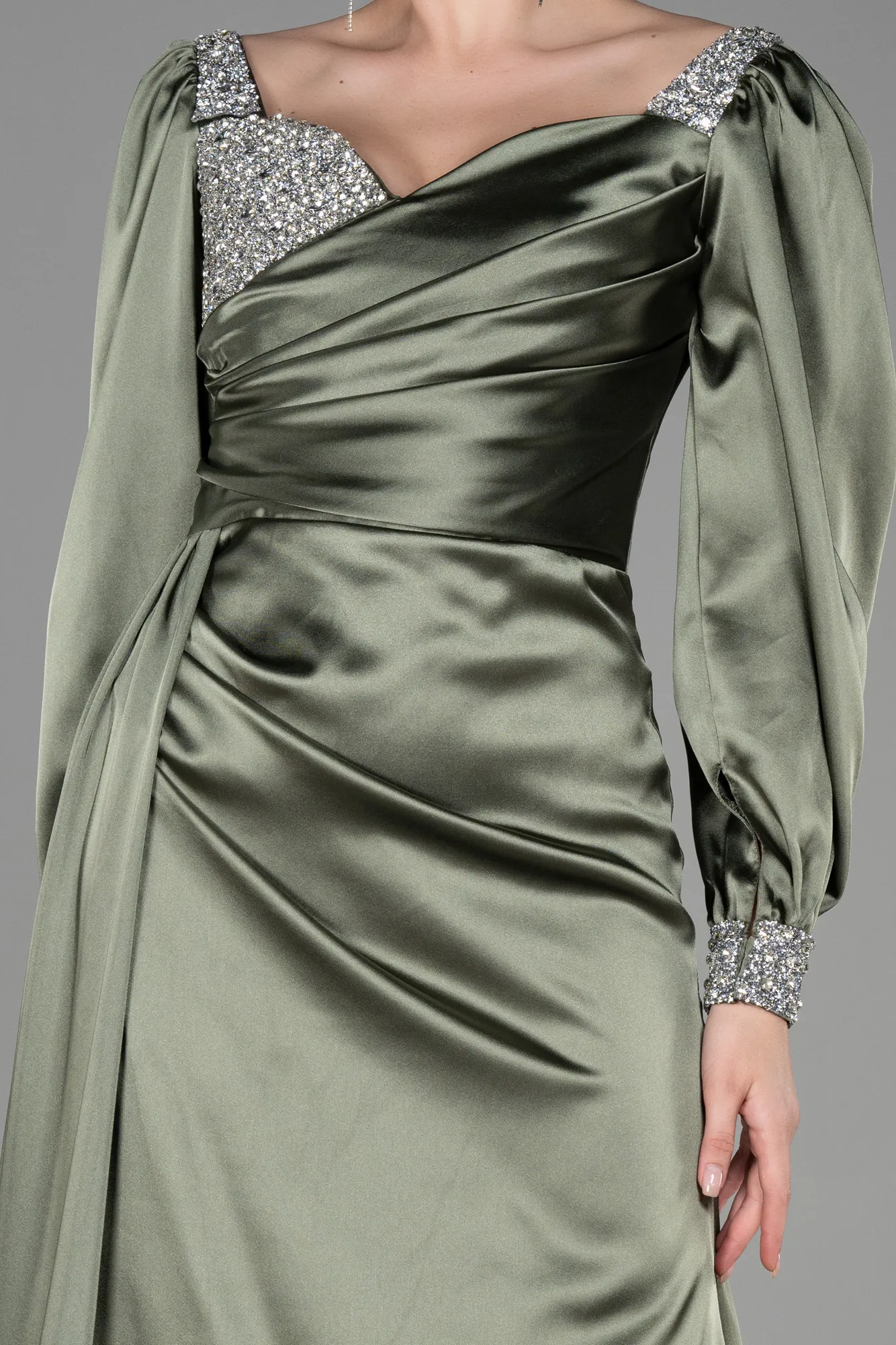 Olive Drab-Long Satin Evening Dress ABU3318