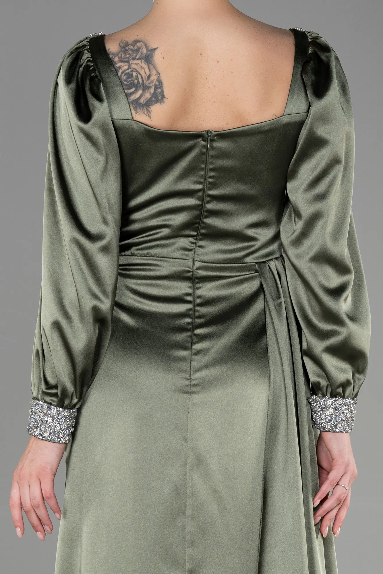 Olive Drab-Long Satin Evening Dress ABU3318