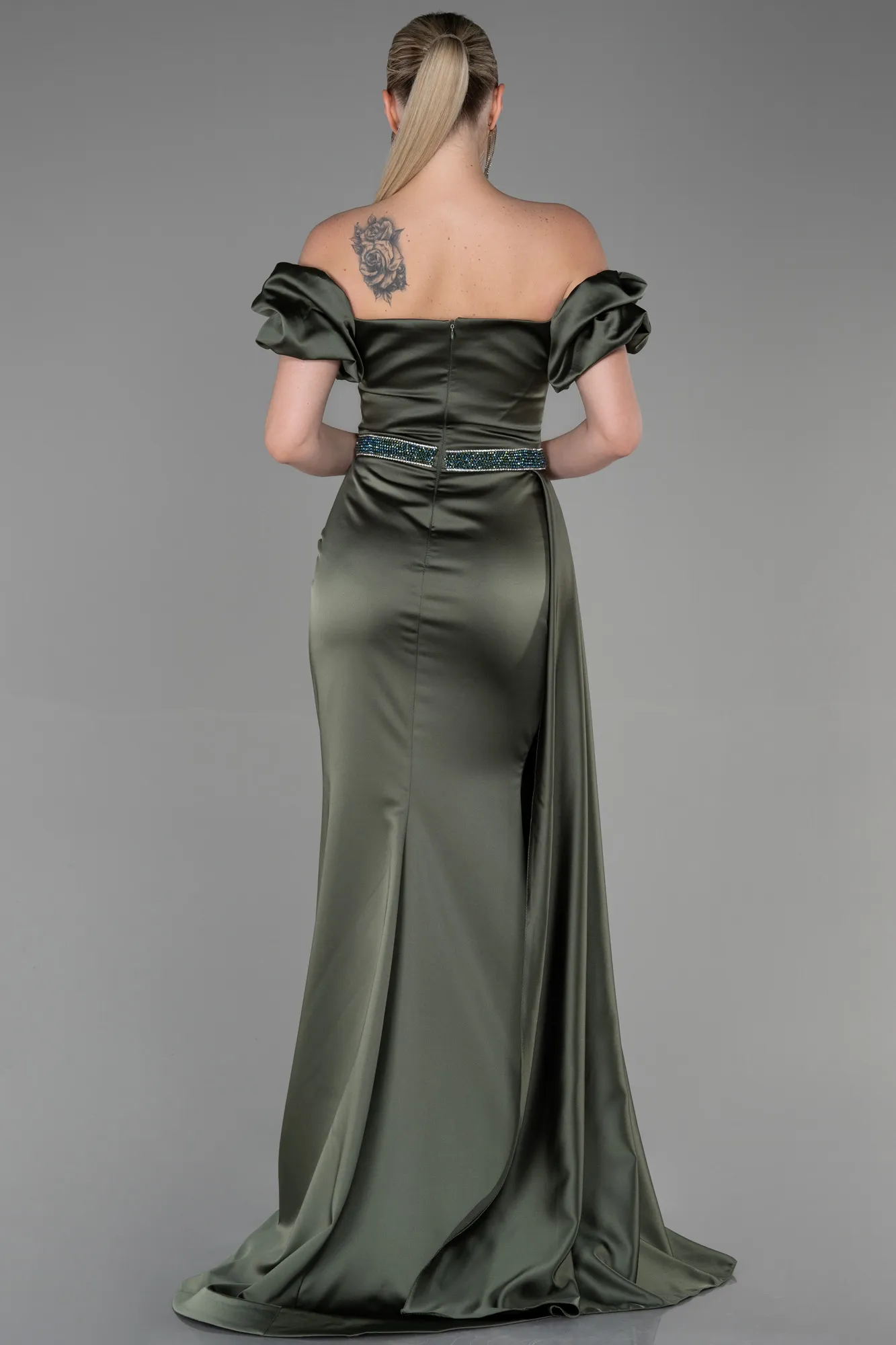 Olive Drab-Long Satin Evening Dress ABU3331