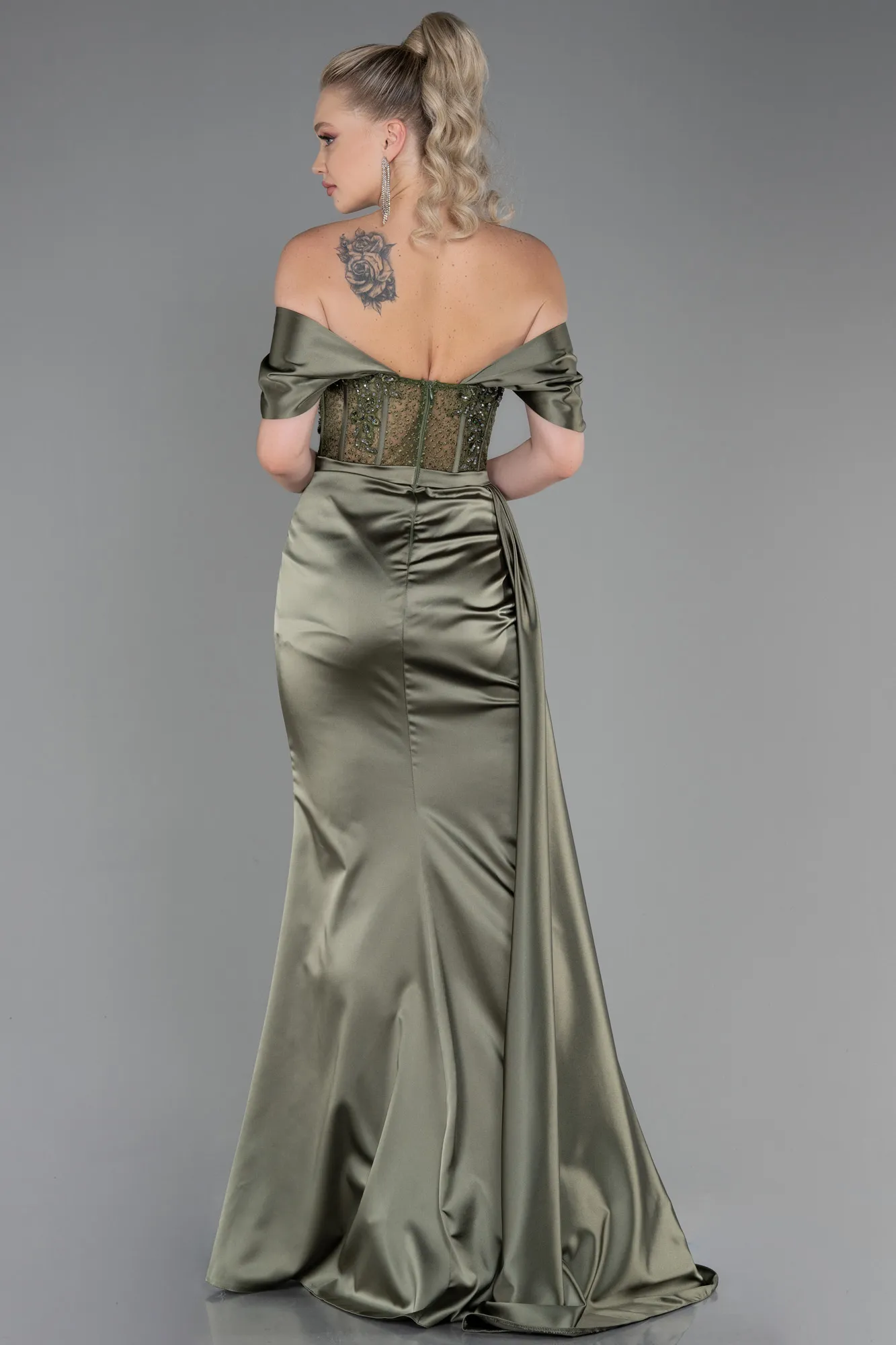 Olive Drab-Long Satin Evening Dress ABU3446