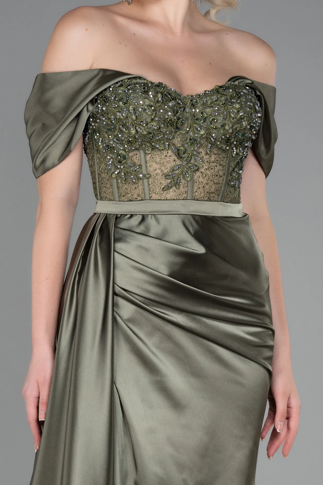 Olive Drab-Long Satin Evening Dress ABU3446