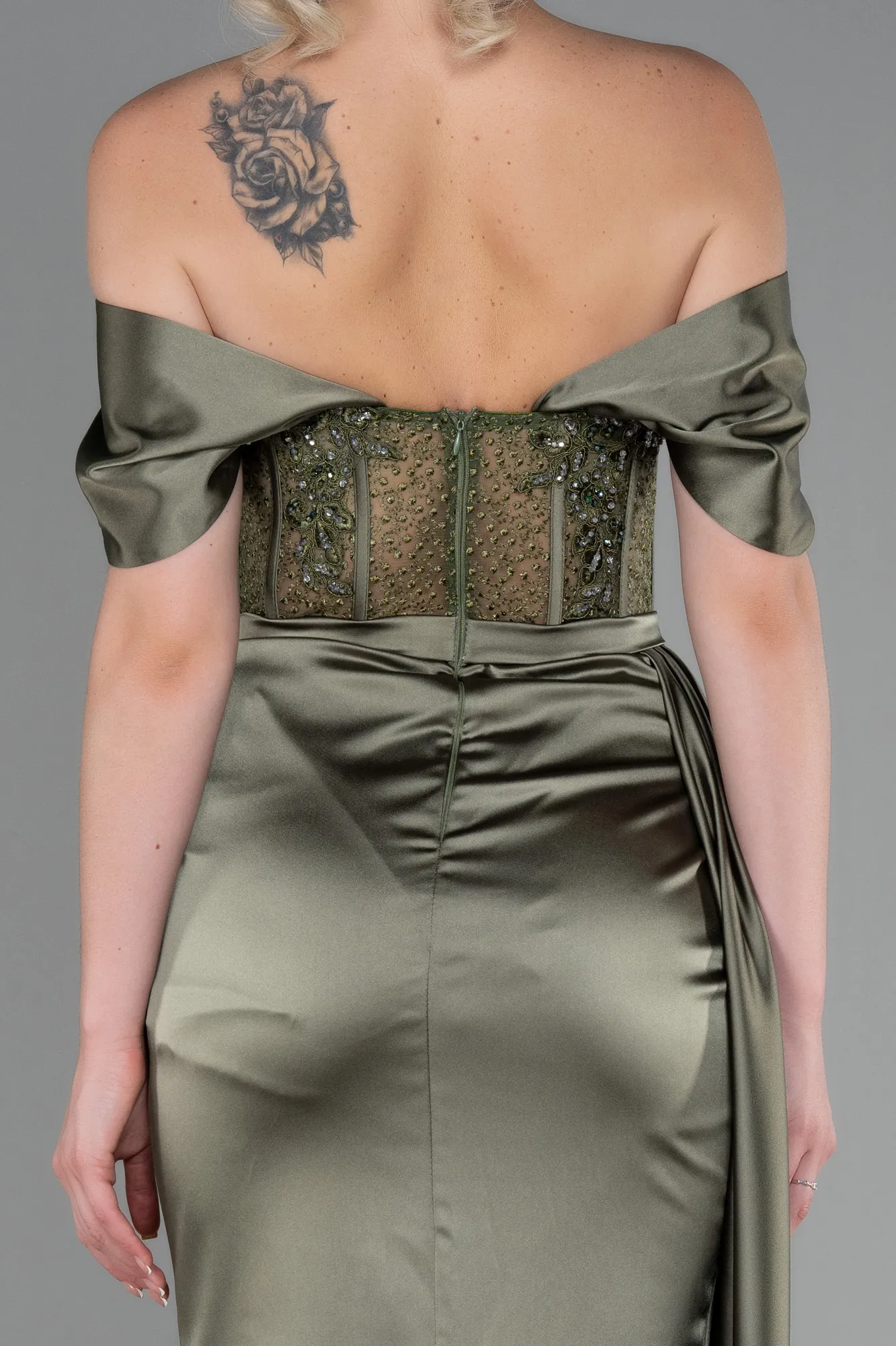 Olive Drab-Long Satin Evening Dress ABU3446