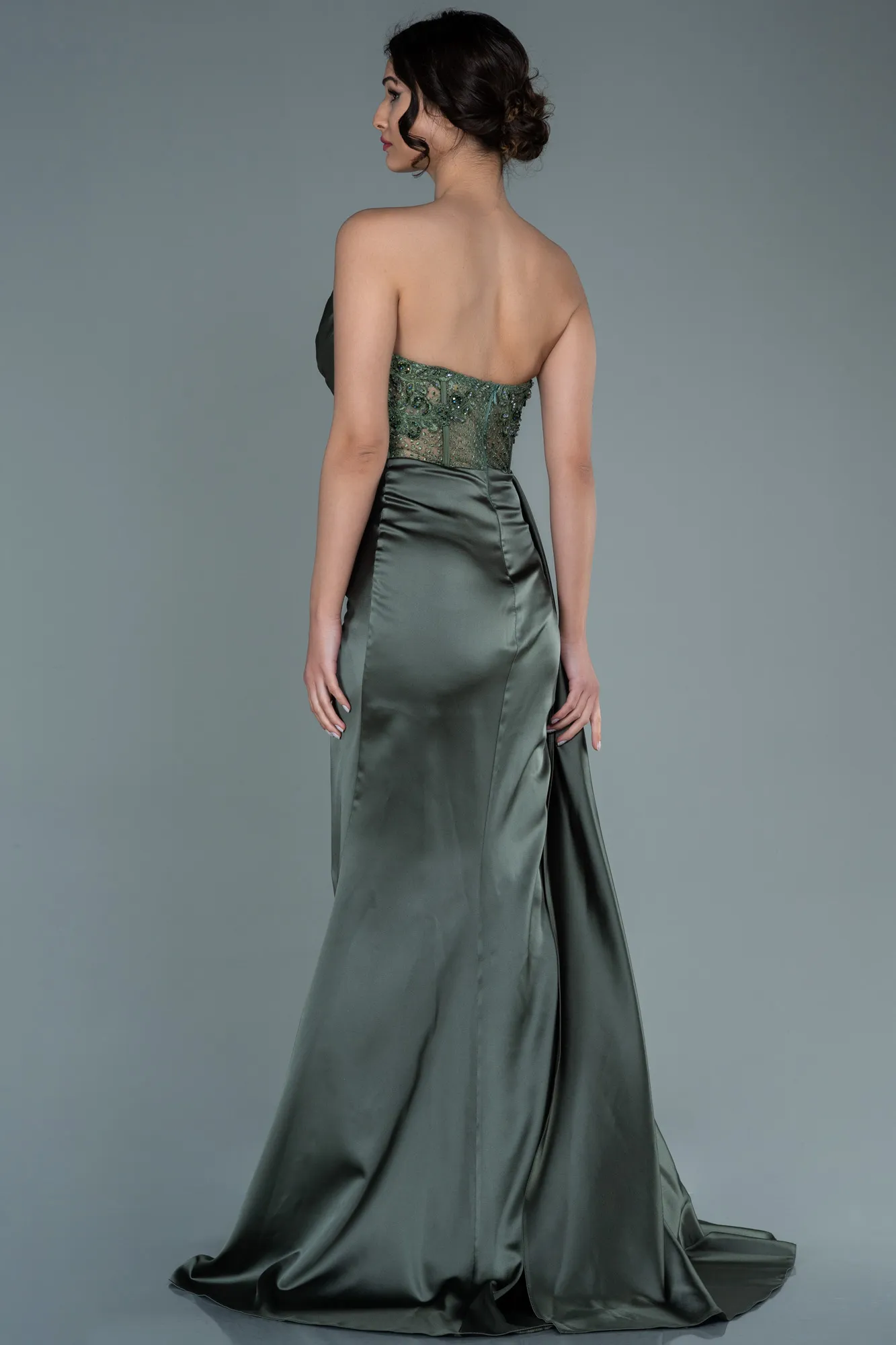 Olive Drab-Long Satin Evening Dress ABU3447