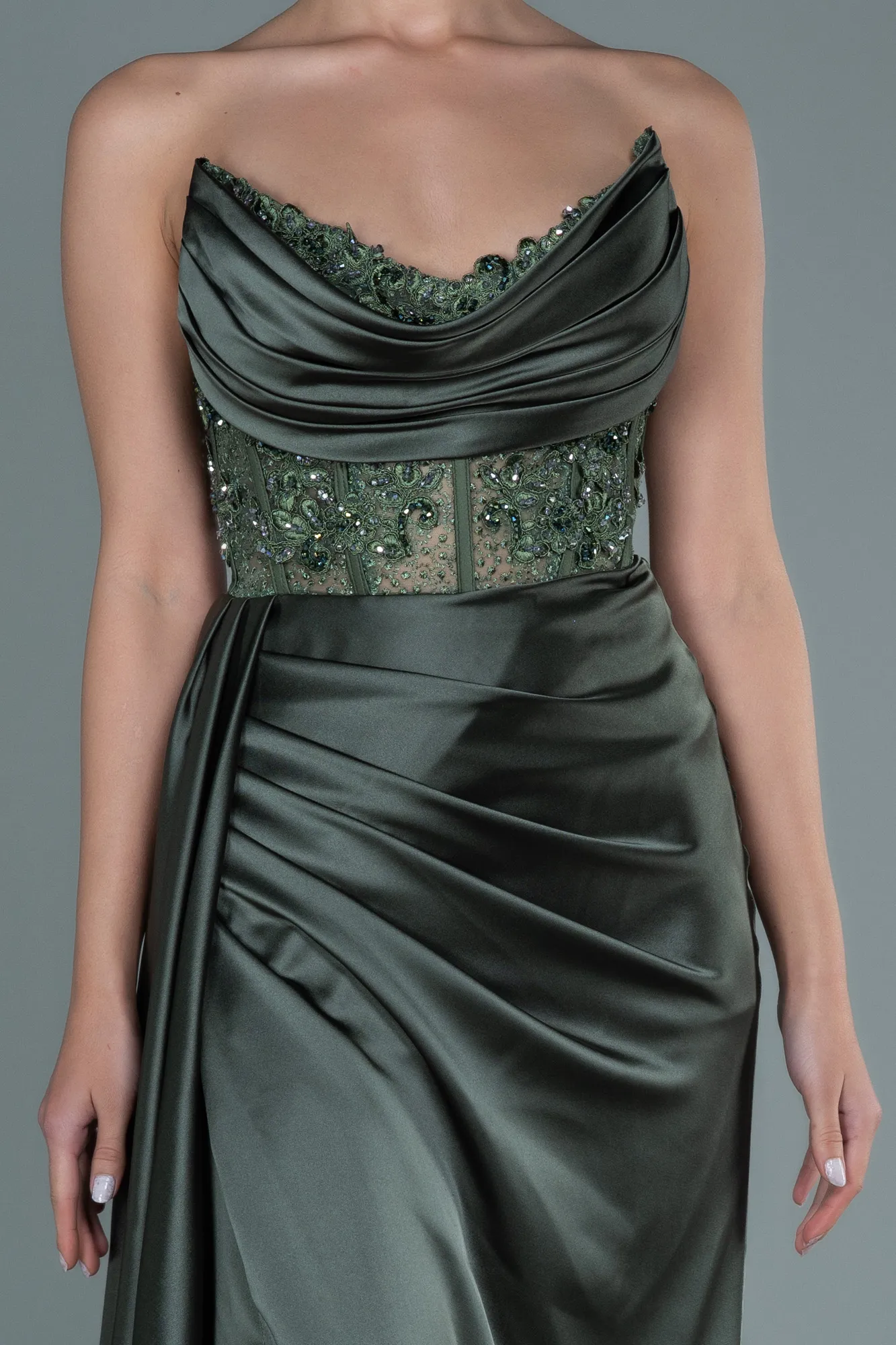 Olive Drab-Long Satin Evening Dress ABU3447