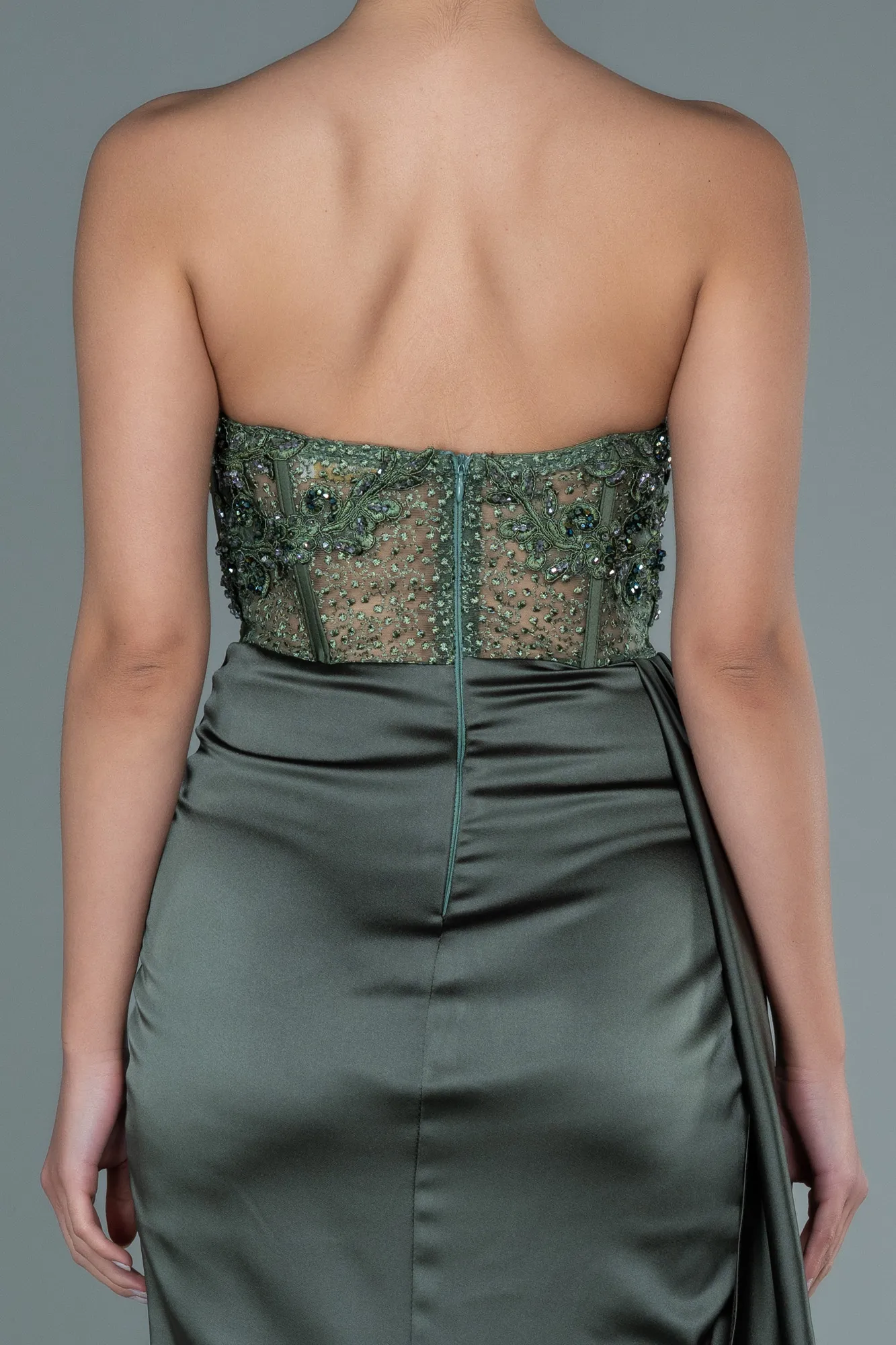 Olive Drab-Long Satin Evening Dress ABU3447