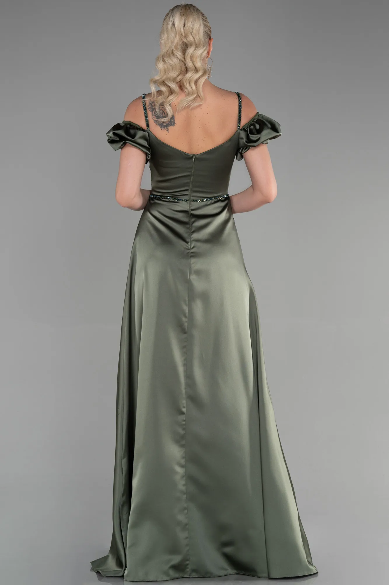 Olive Drab-Long Satin Evening Dress ABU3457