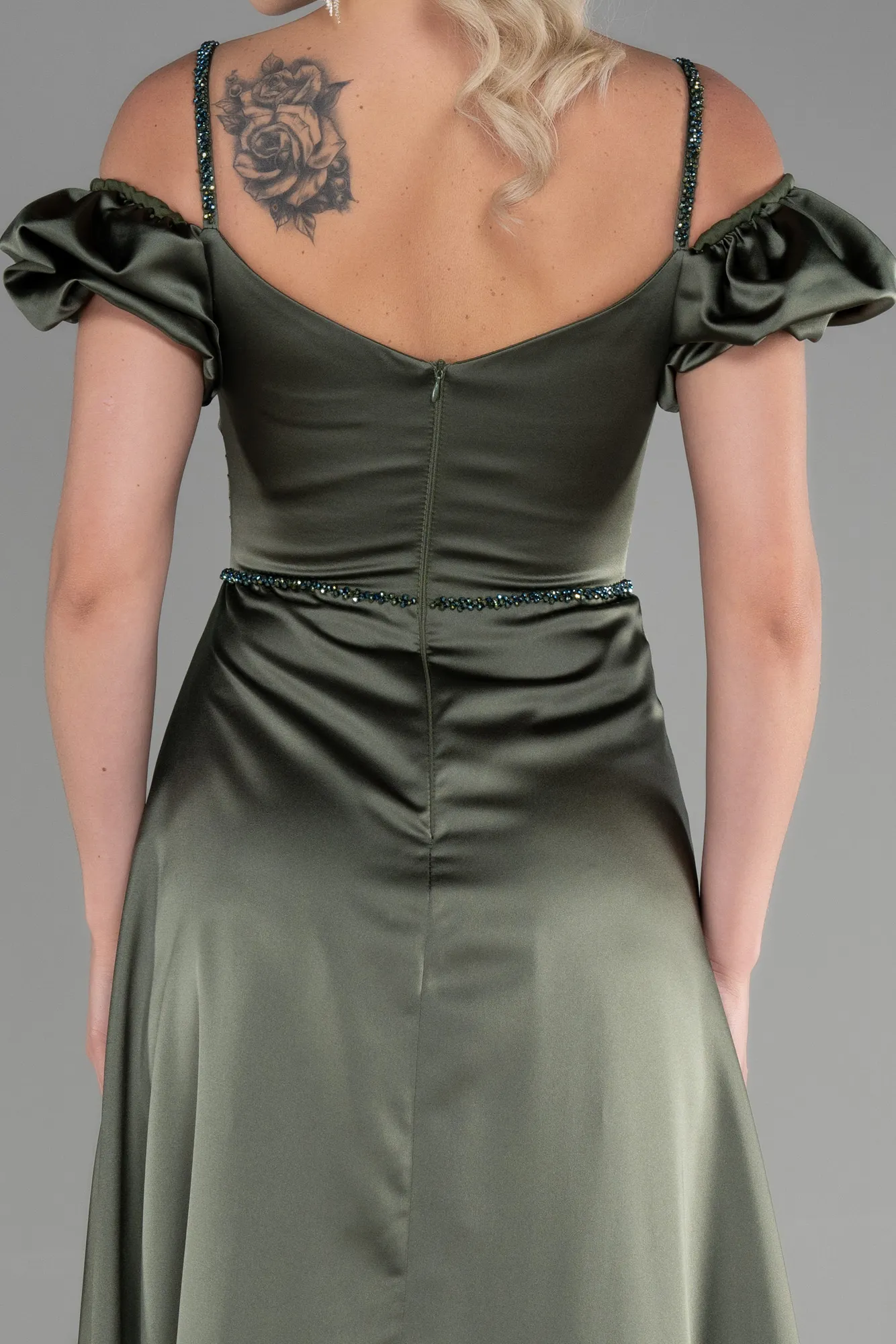Olive Drab-Long Satin Evening Dress ABU3457