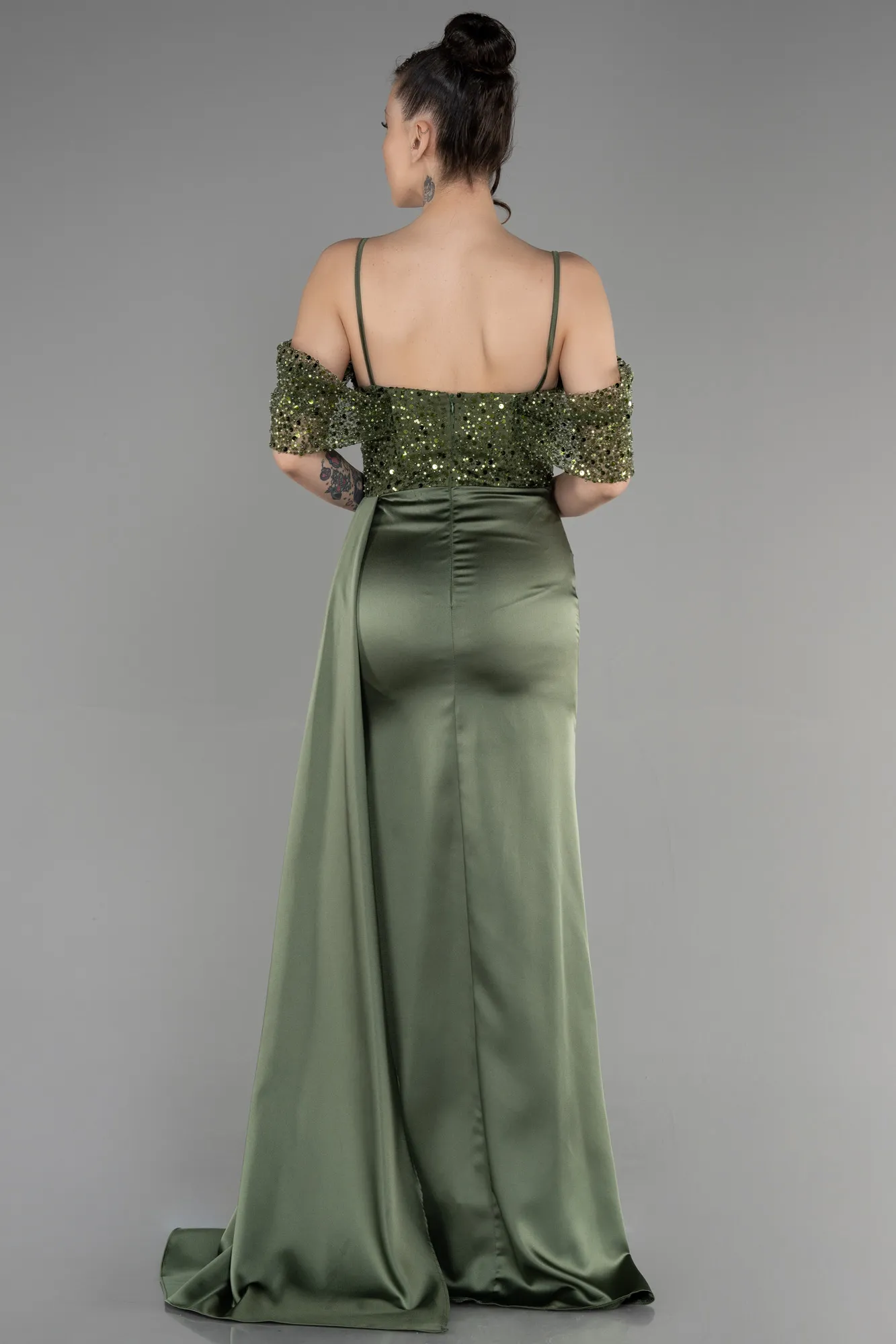 Olive Drab-Long Satin Evening Dress ABU3521
