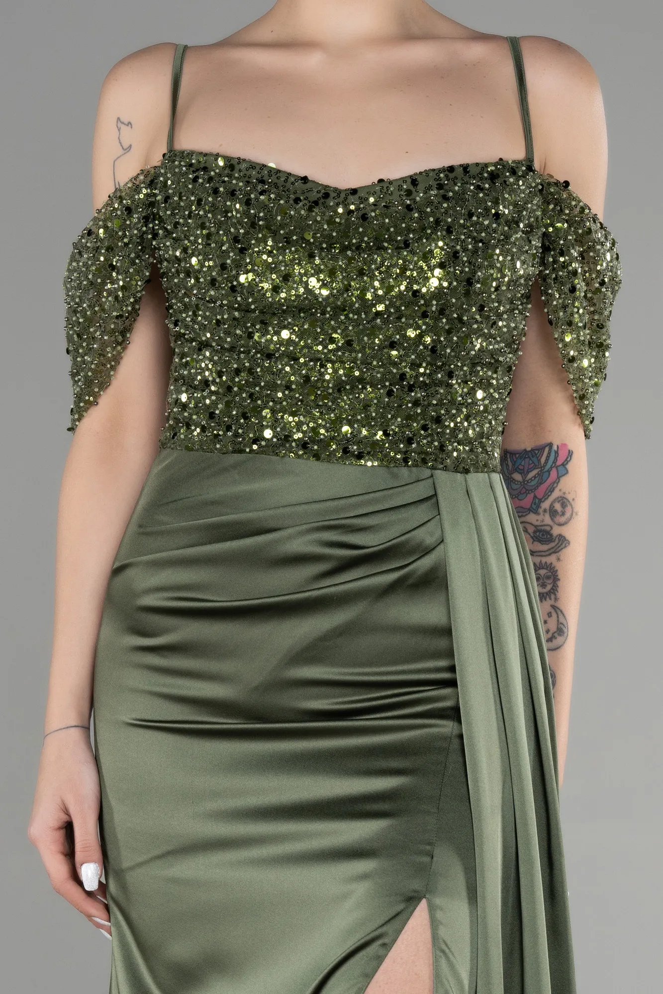 Olive Drab-Long Satin Evening Dress ABU3521