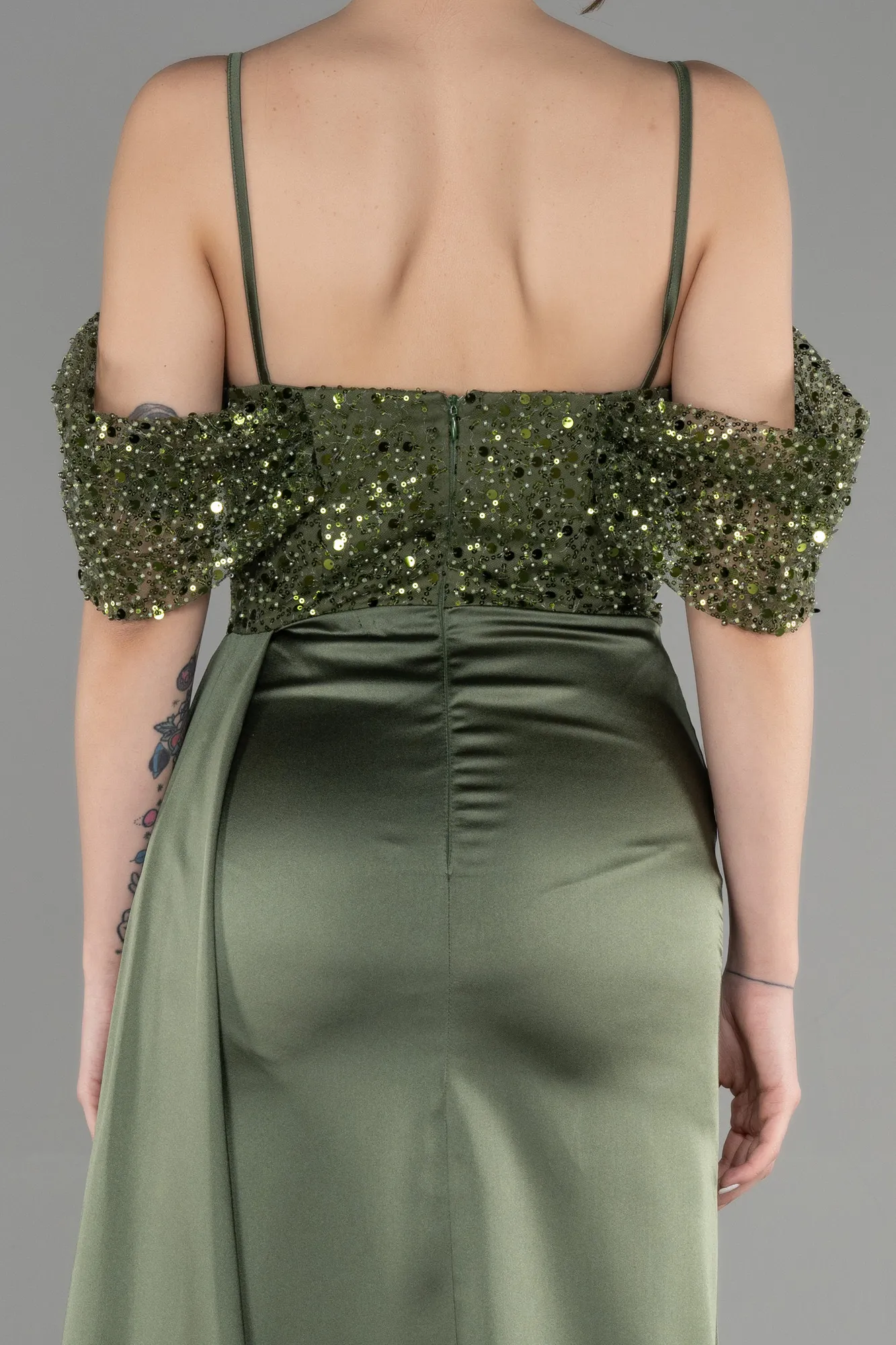 Olive Drab-Long Satin Evening Dress ABU3521