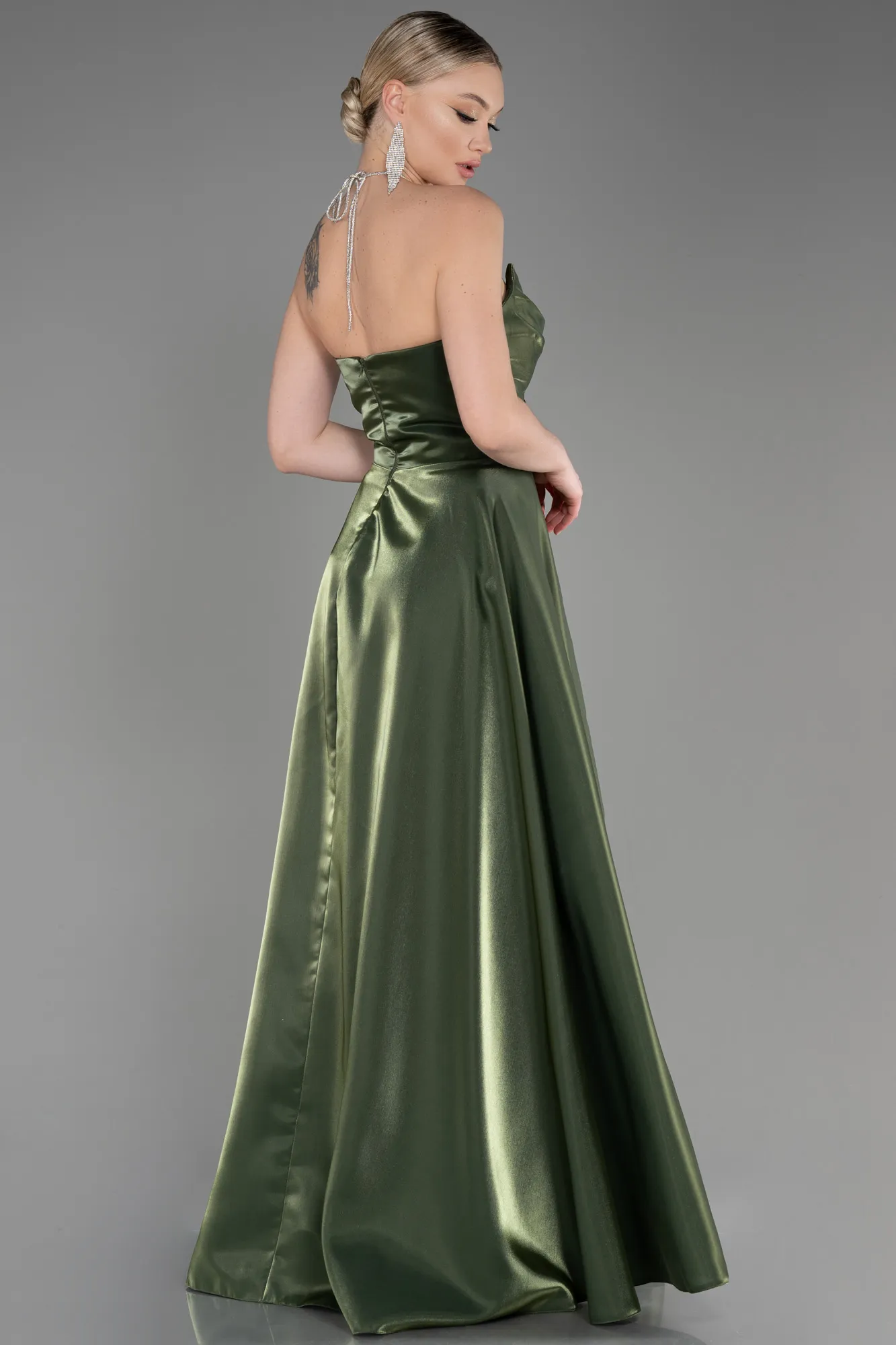 Olive Drab-Long Satin Evening Dress ABU3755