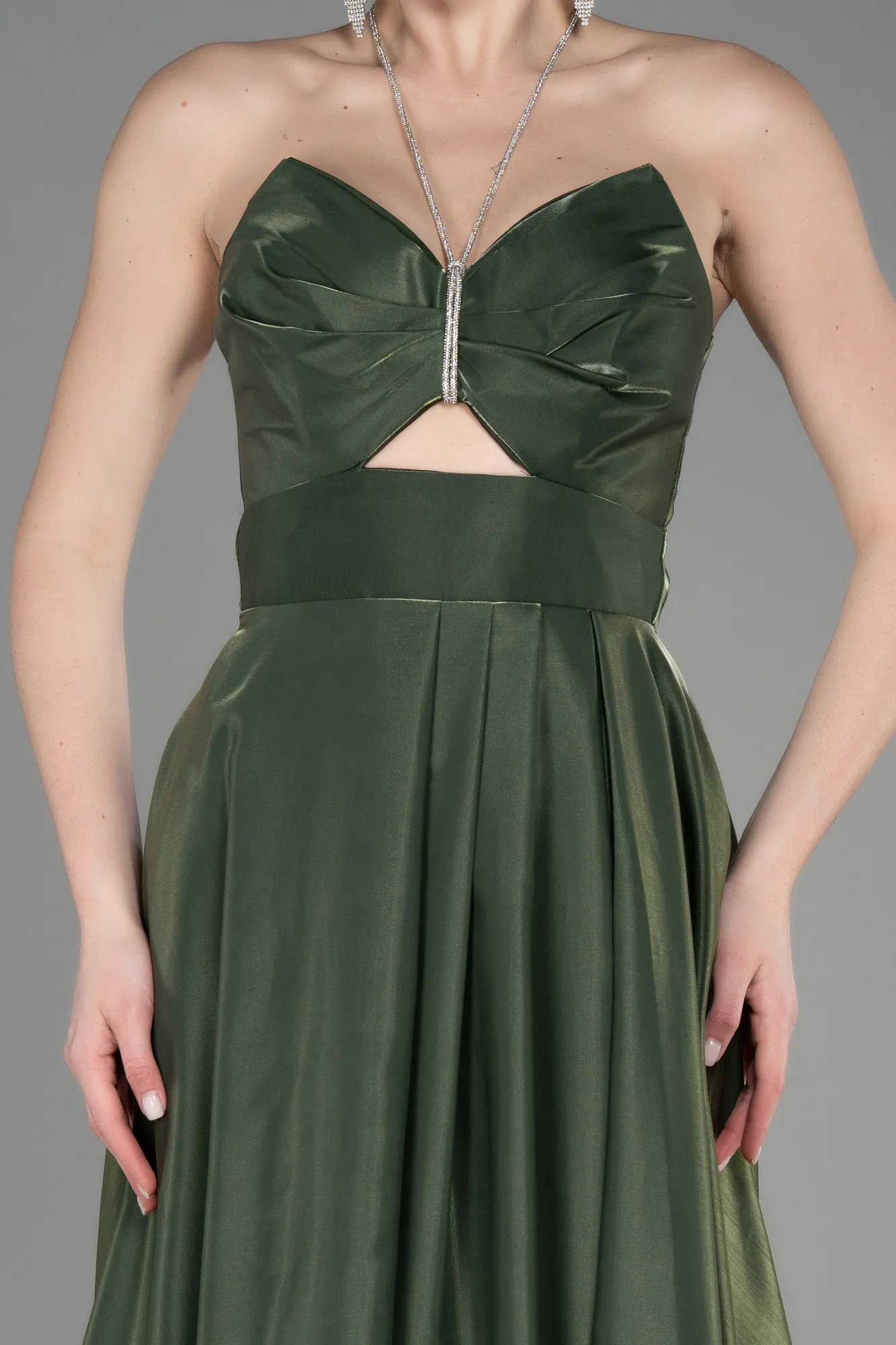 Olive Drab-Long Satin Evening Dress ABU3755
