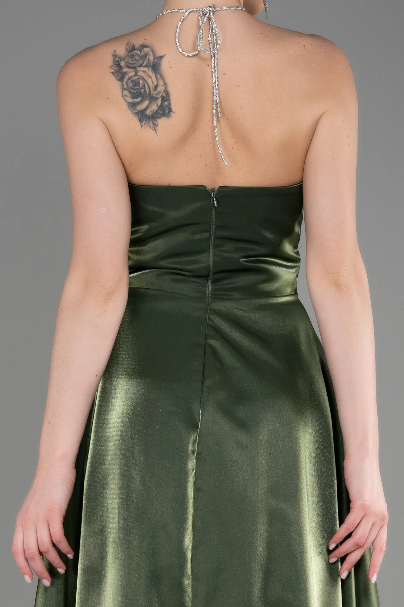 Olive Drab-Long Satin Evening Dress ABU3755