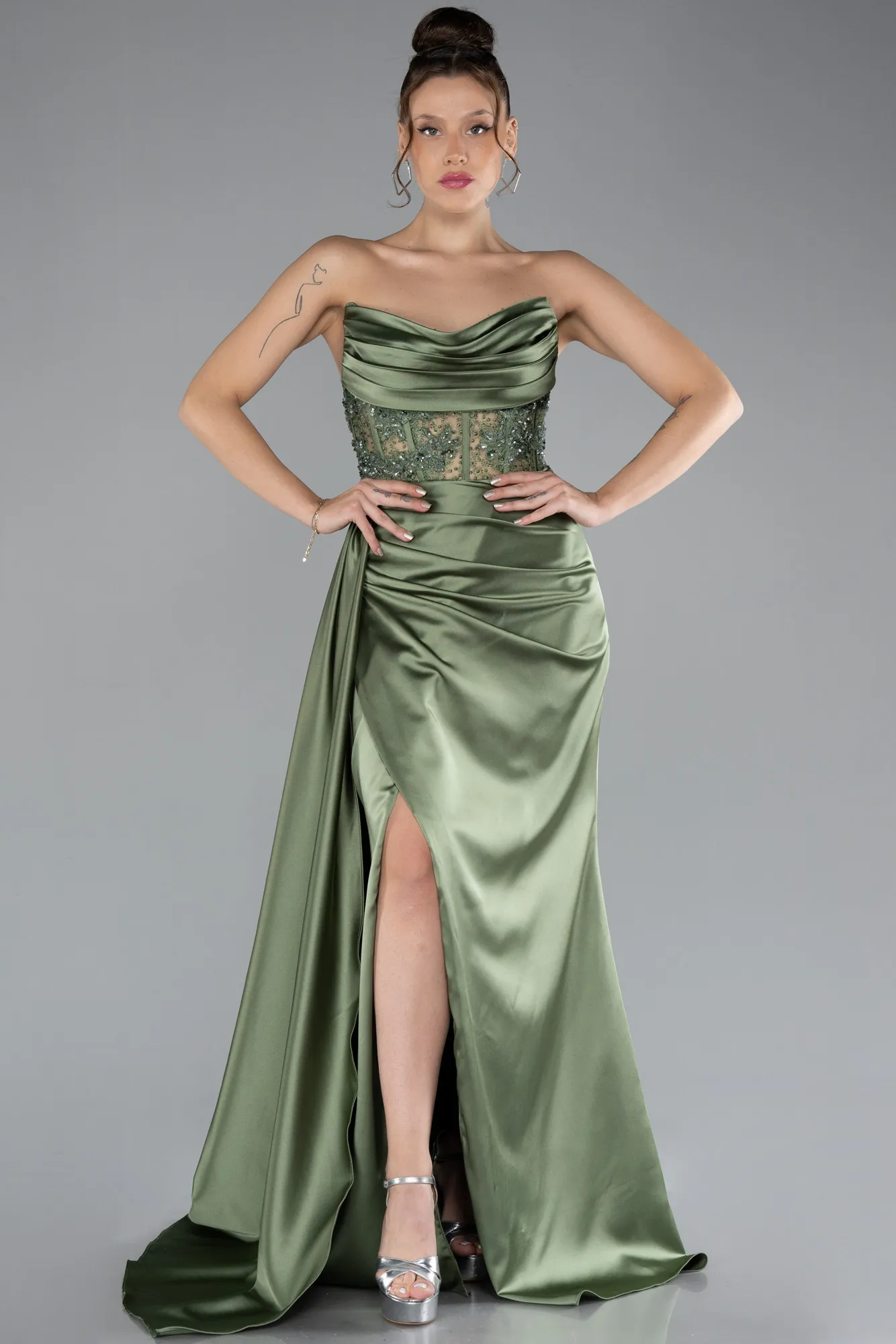 Olive Drab-Long Satin Evening Dress ABU4366