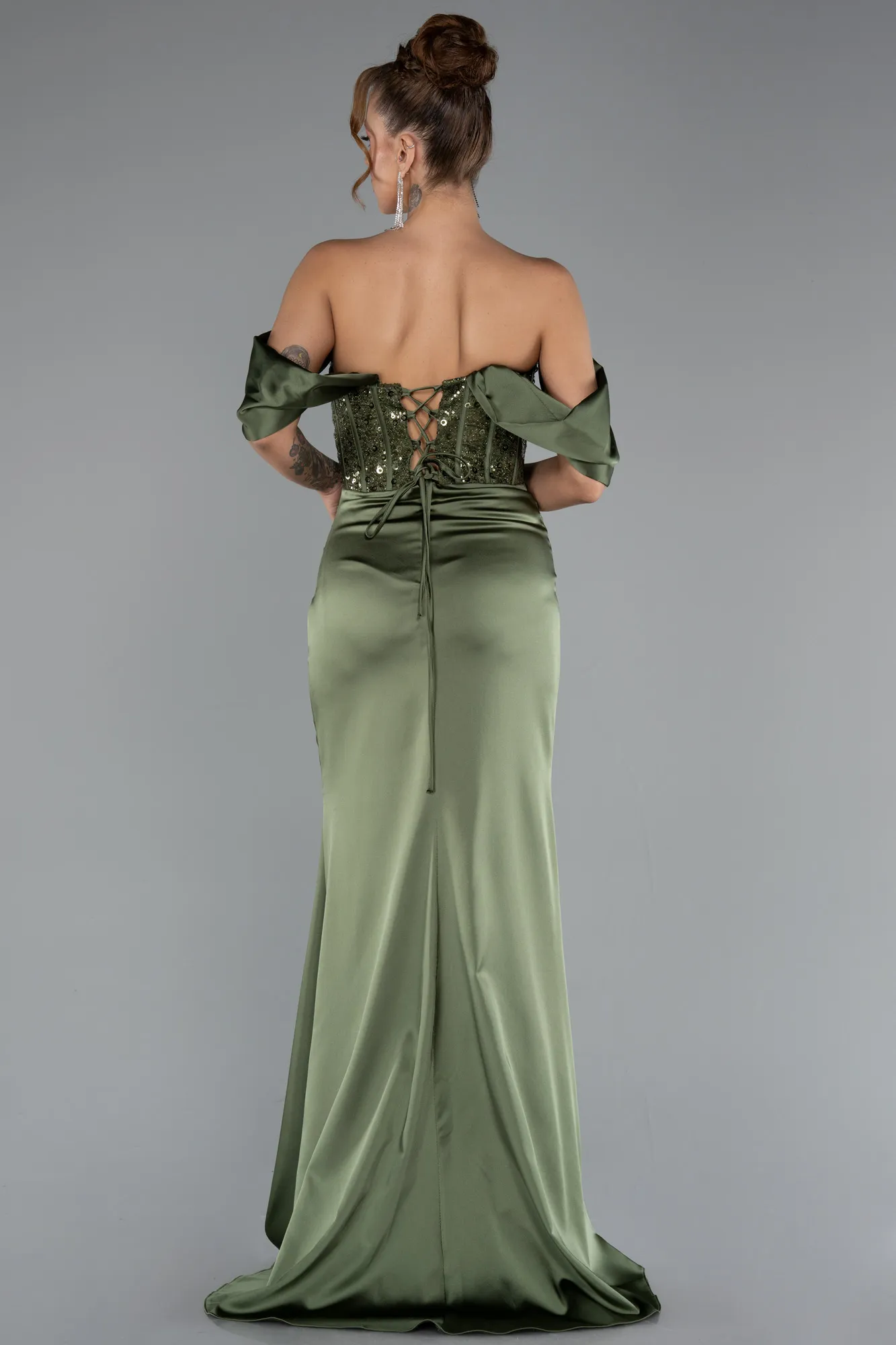 Olive Drab-Long Satin Evening Dress ABU4974